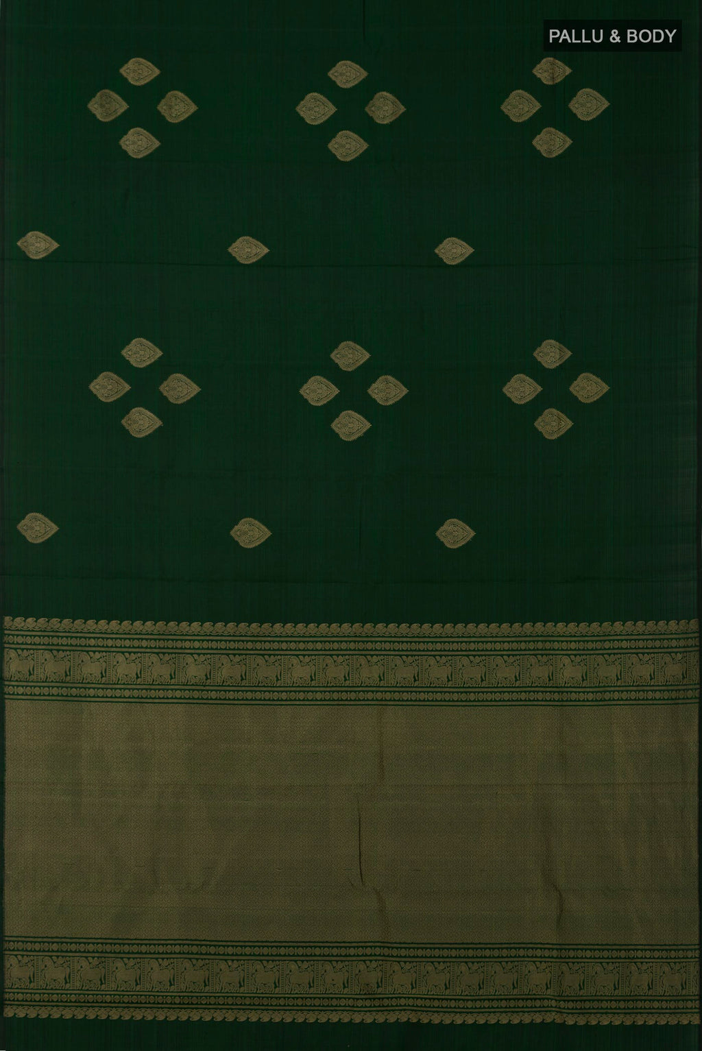 Flat view of Bottle Green Kanchipuram Silk Saree with Zari Butta on the body and Without Border. 