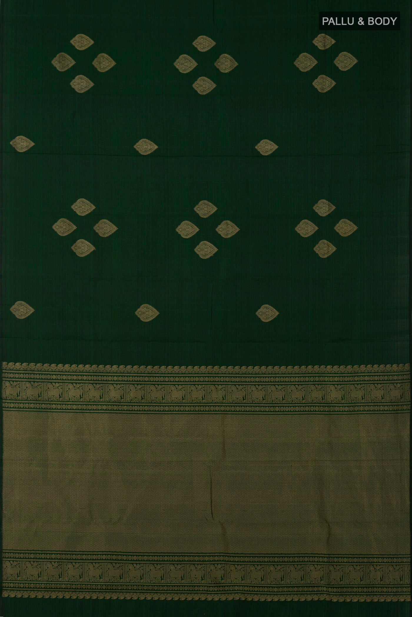 Flat view of Bottle Green Kanchipuram Silk Saree with Zari Butta on the body and Without Border. 