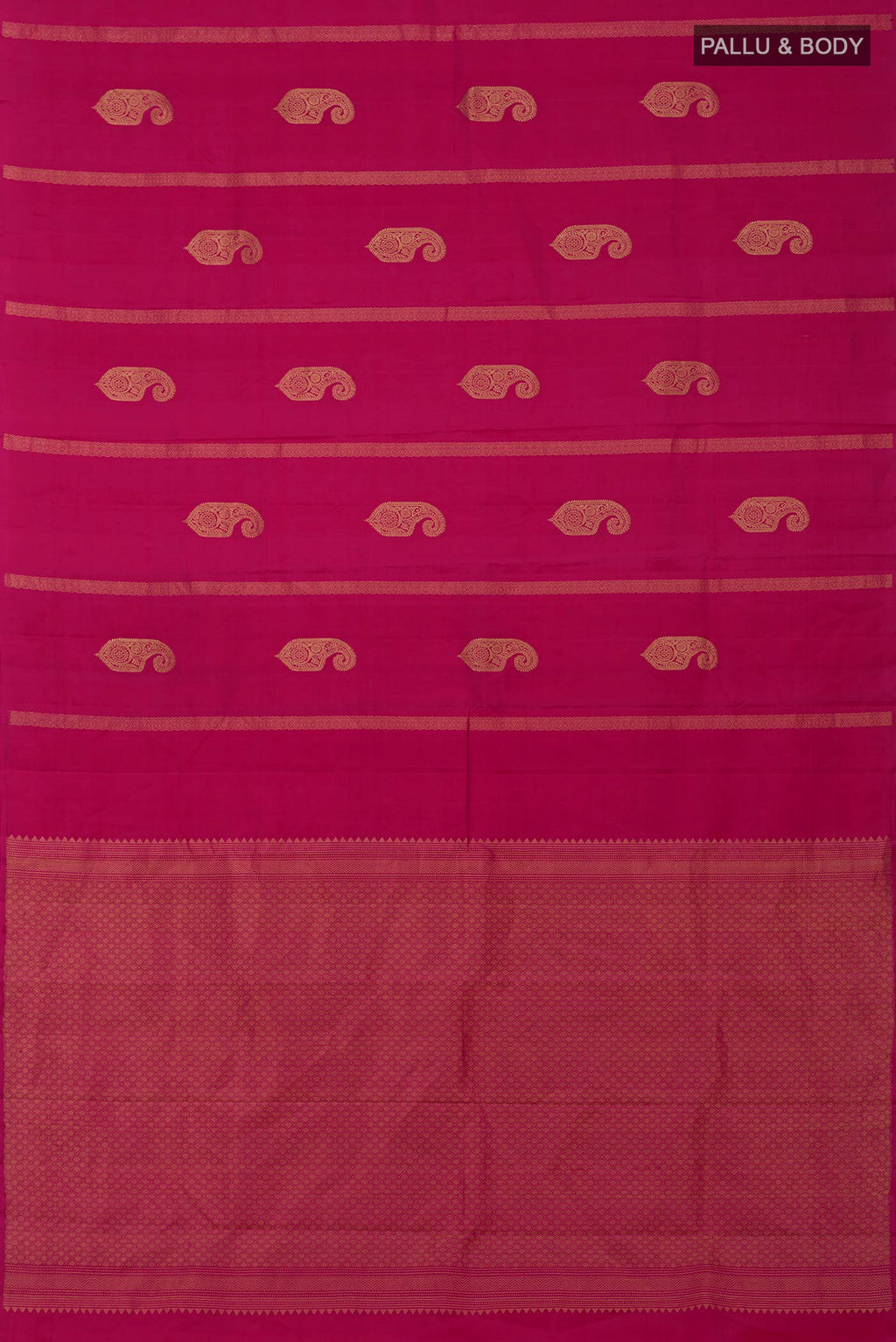 Flat view of Rani Pink Kanchipuram Silk Saree with Zari Butta on the body and Without Border. 