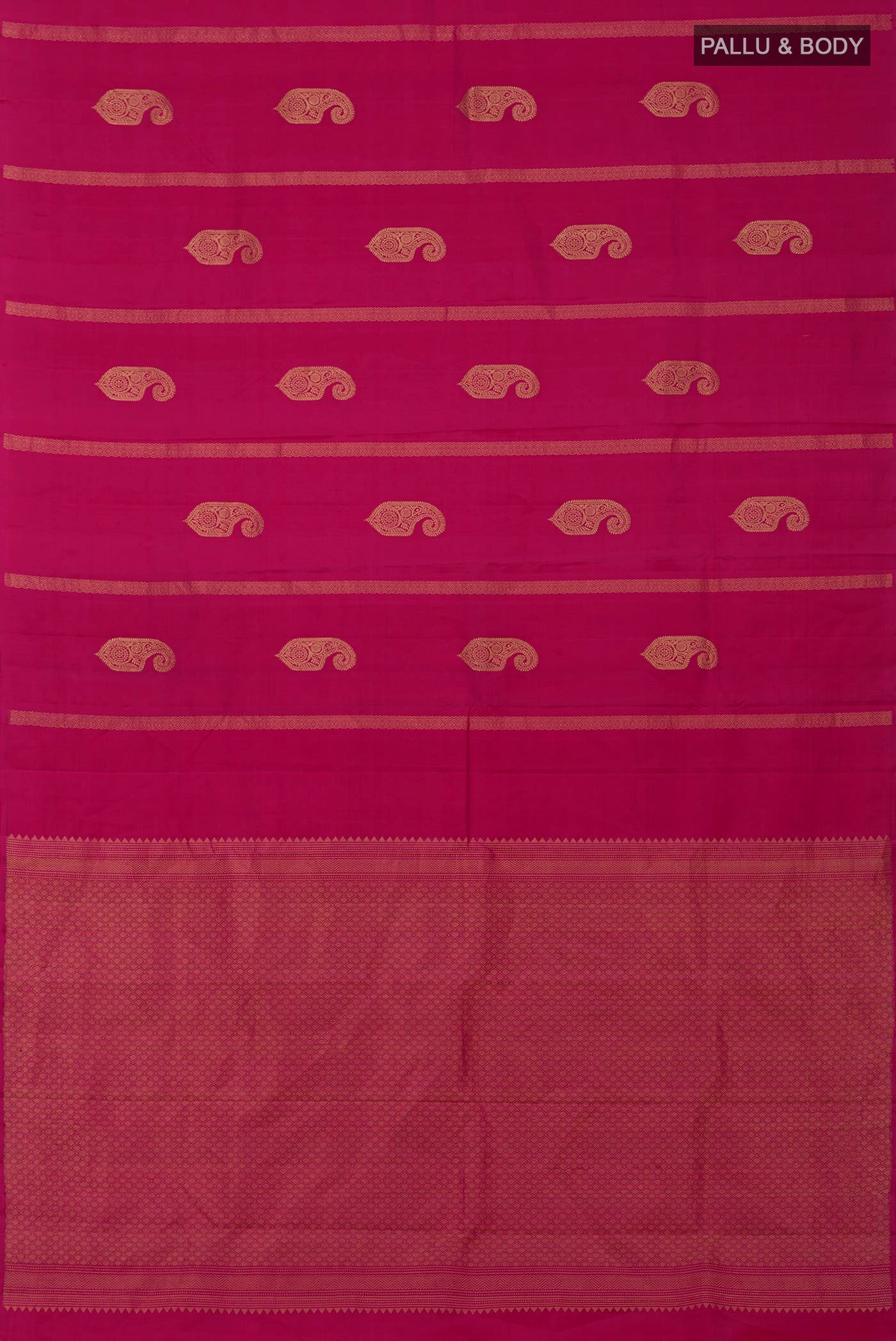 Flat view of Rani Pink Kanchipuram Silk Saree with Zari Butta on the body and Without Border. 