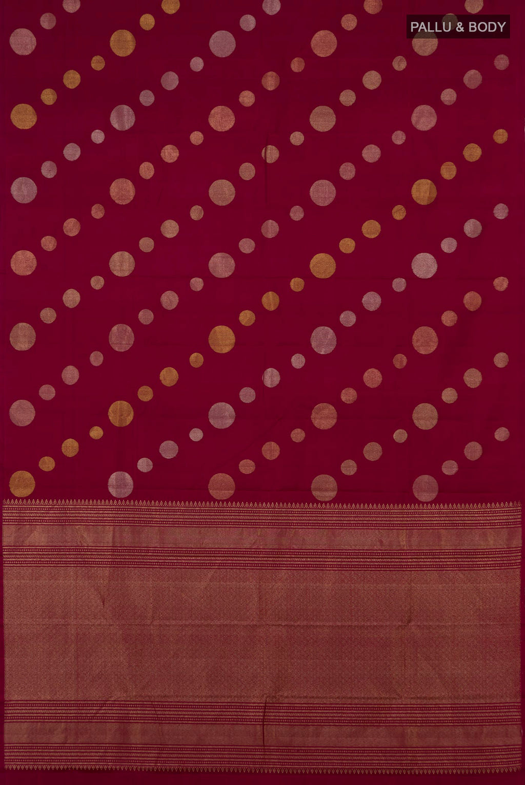 Flat view of Maroon Kanjivaram Silk Saree with Zari Butta on the body and Without Border. 