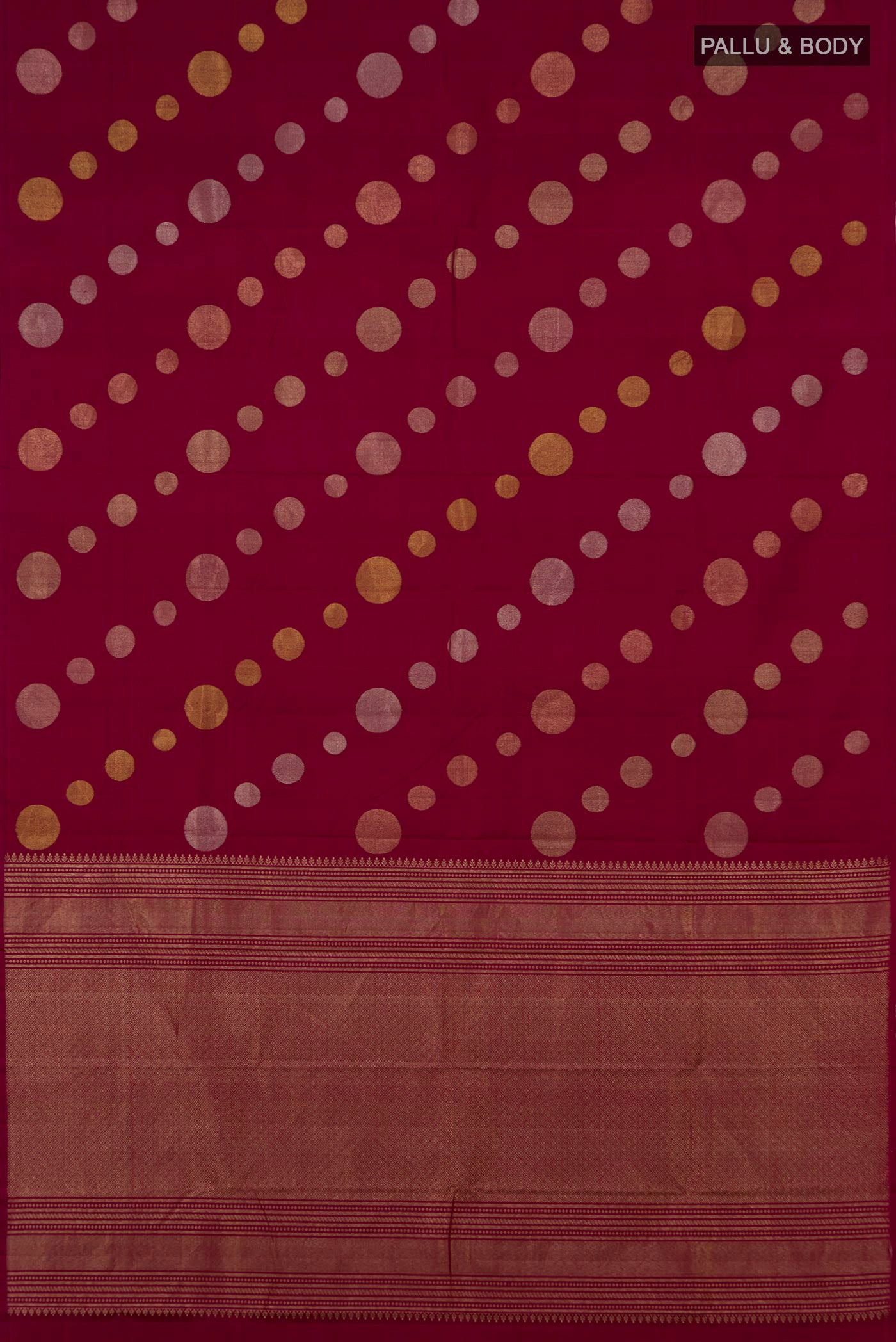 Flat view of Maroon Kanjivaram Silk Saree with Zari Butta on the body and Without Border. 