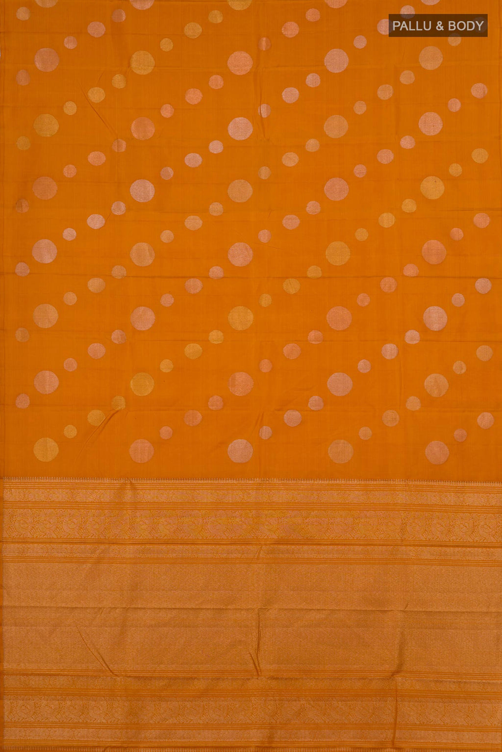 Flat view of Pure Silk Mustard Kanjivaram Saree with Zari Butta on the body and Without Border. 