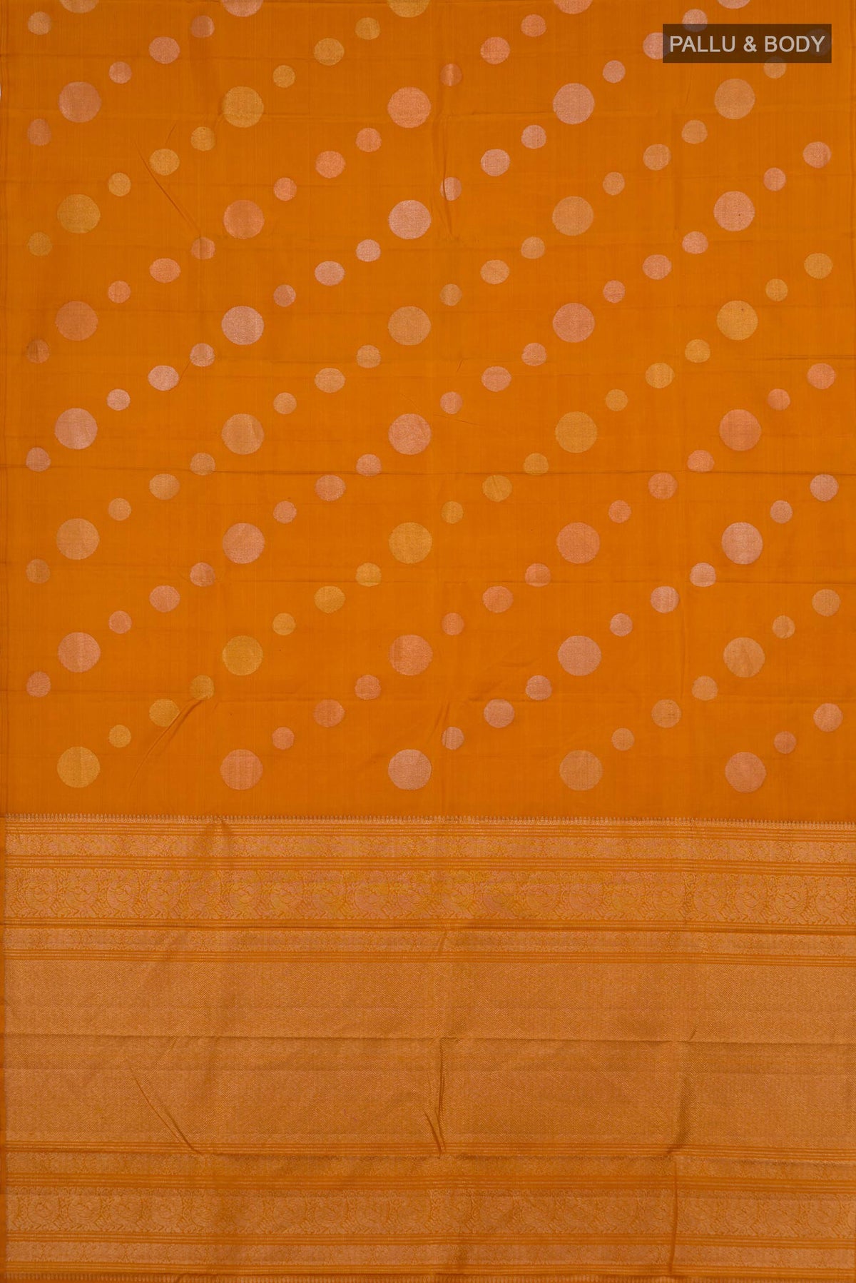 Flat view of Pure Silk Mustard Kanjivaram Saree with Zari Butta on the body and Without Border. 