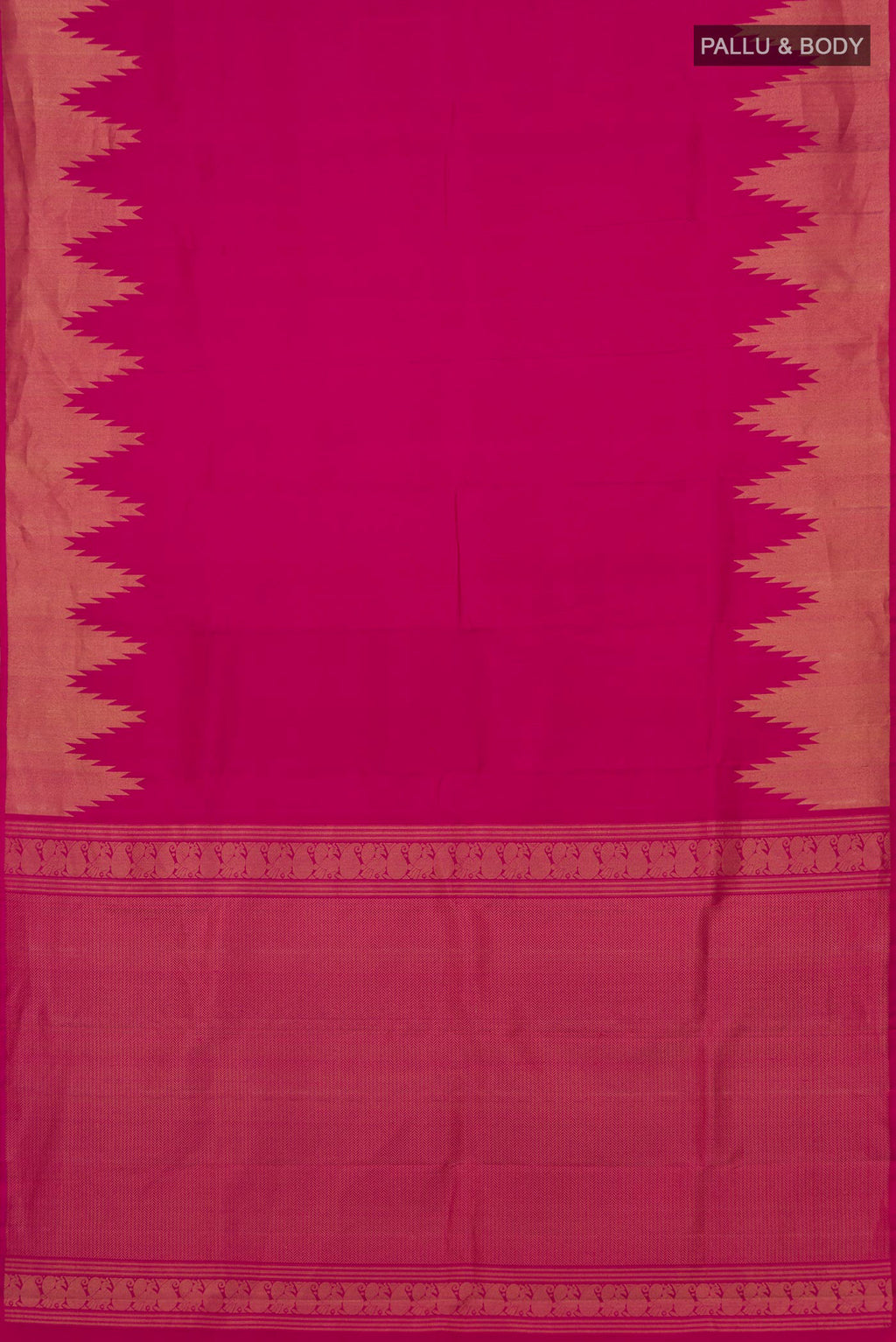 Flat view of Pink Kanchipuram Silk Saree with Plain Body and Temple Border. 