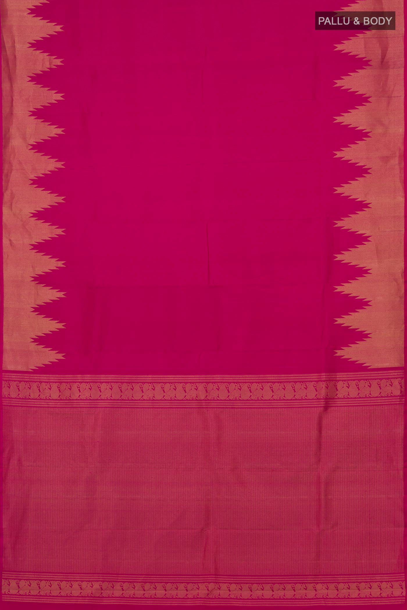 Flat view of Pink Kanchipuram Silk Saree with Plain Body and Temple Border. 