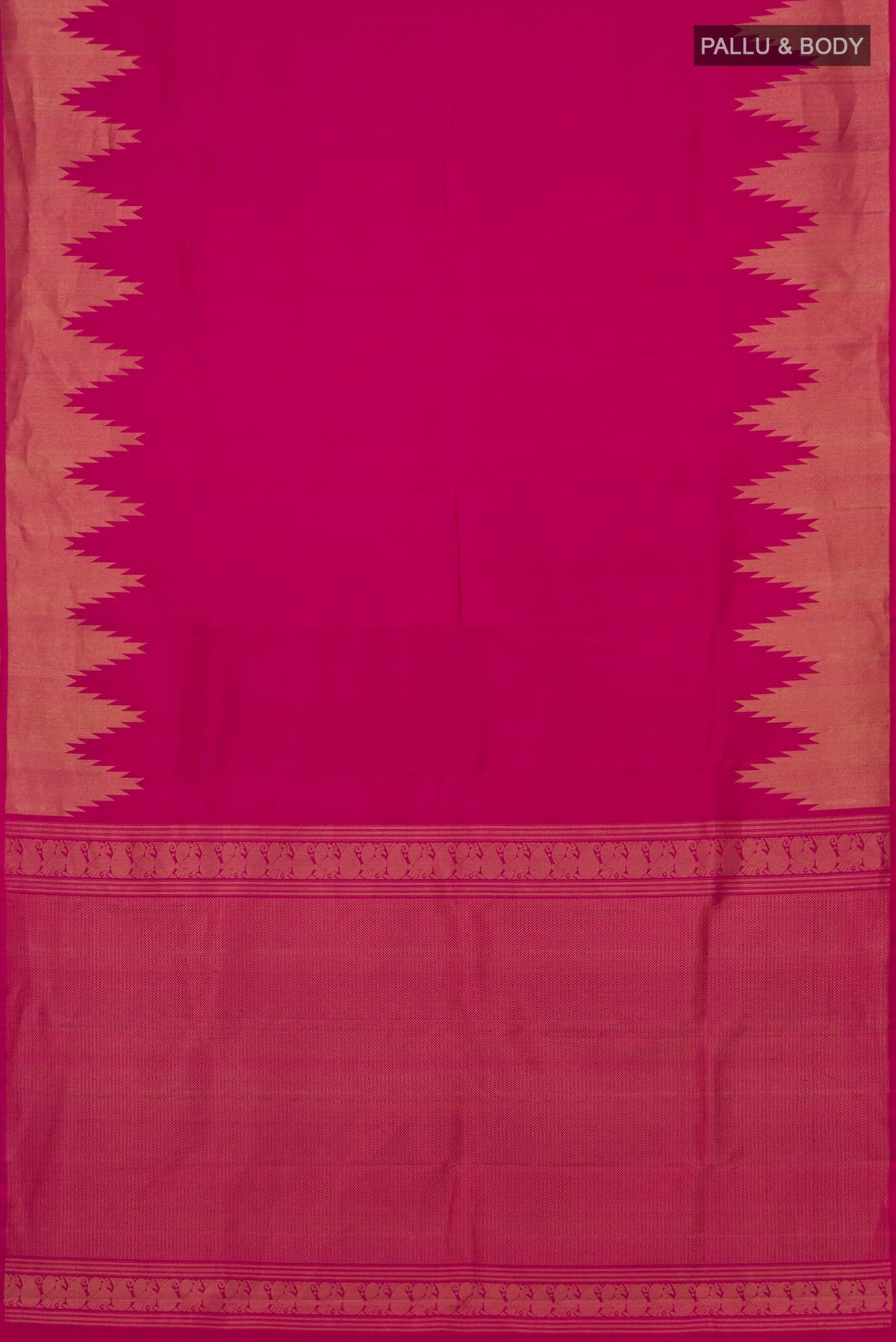Flat view of Pink Kanchipuram Silk Saree with Plain Body and Temple Border. 