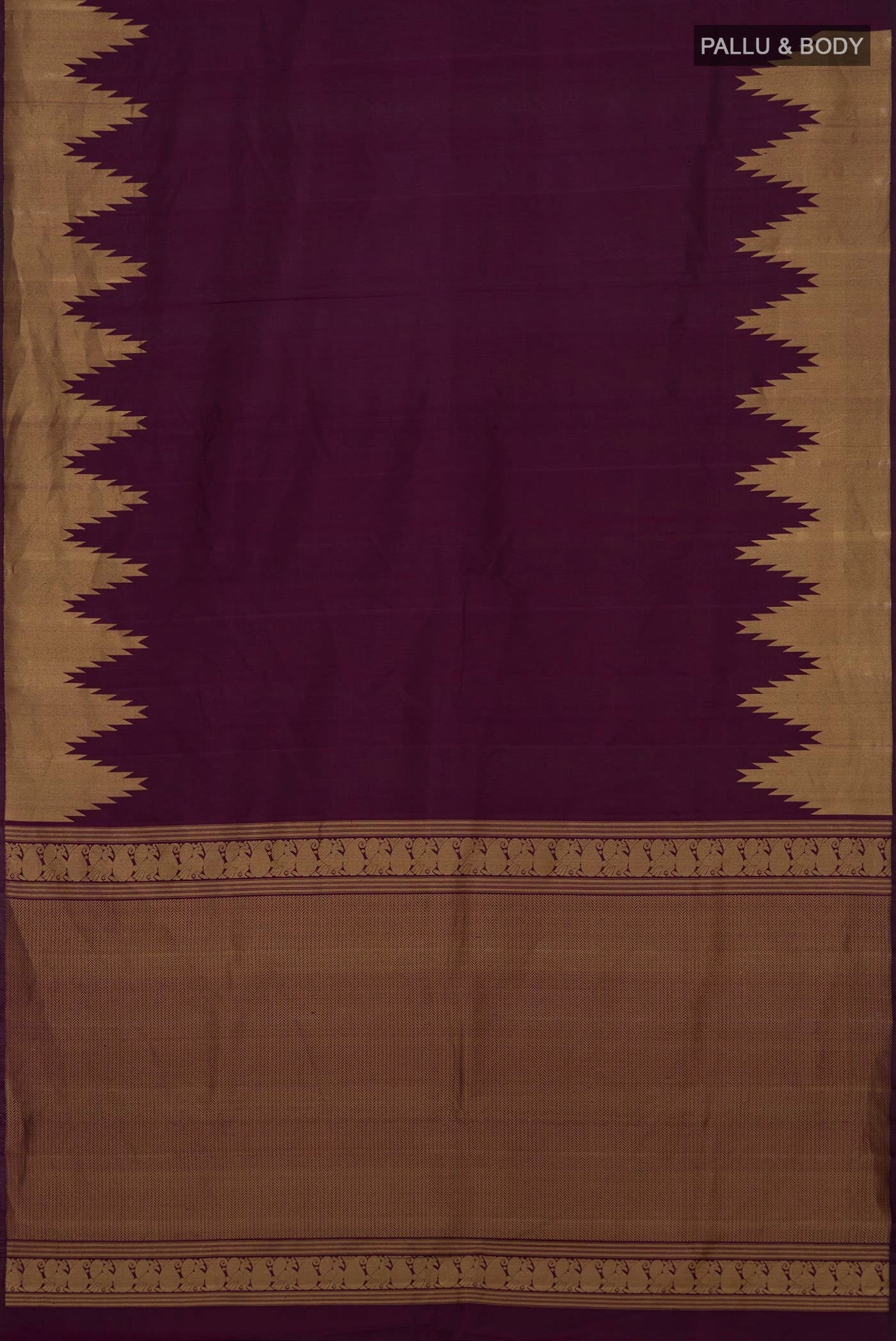 Flat view of Purple Kanchipuram Silk Saree with Plain Body and Temple Border. 