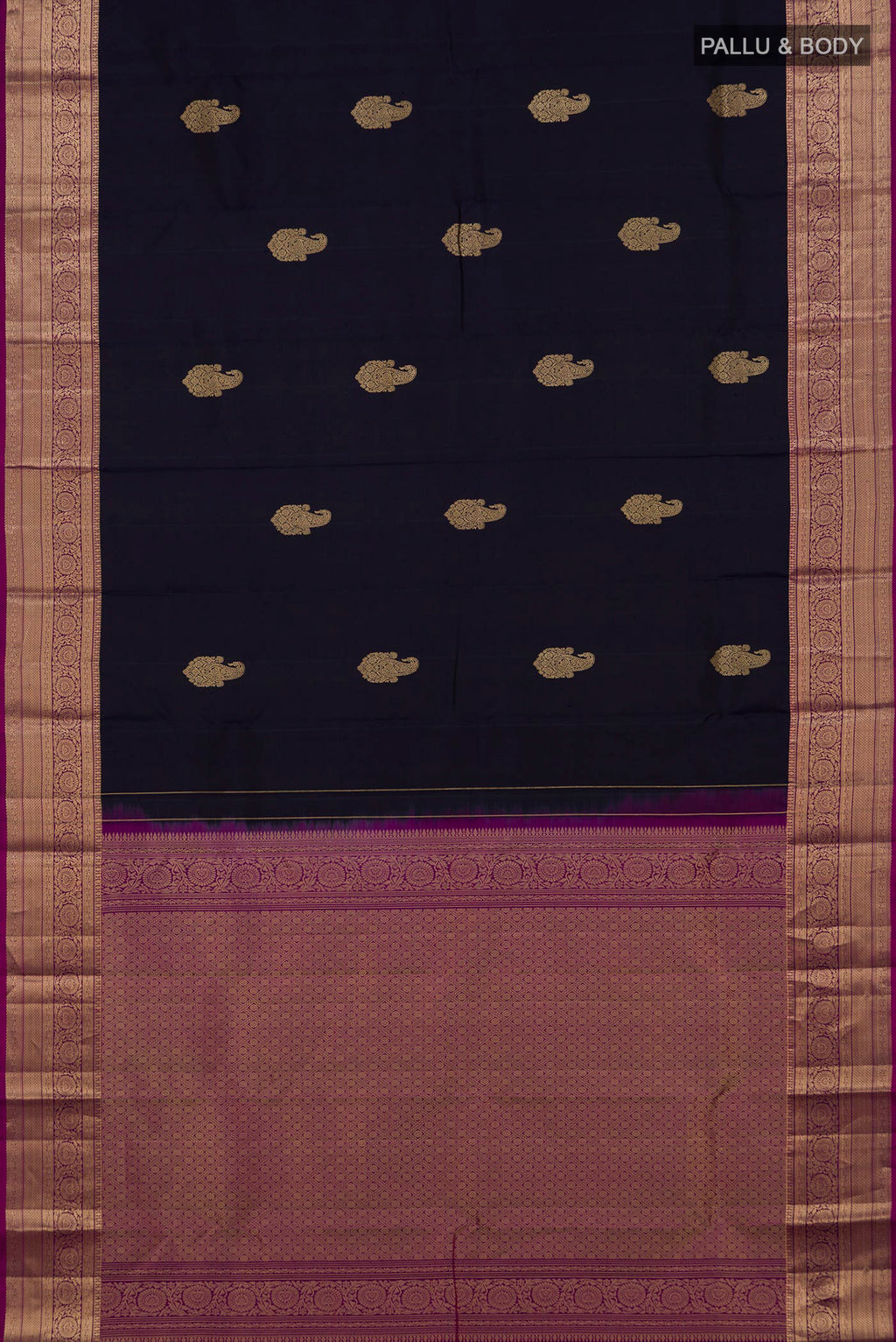 Flat view of Navy Blue Kanchipuram Silk Saree with Zari Butta on the body and Zari Border. 