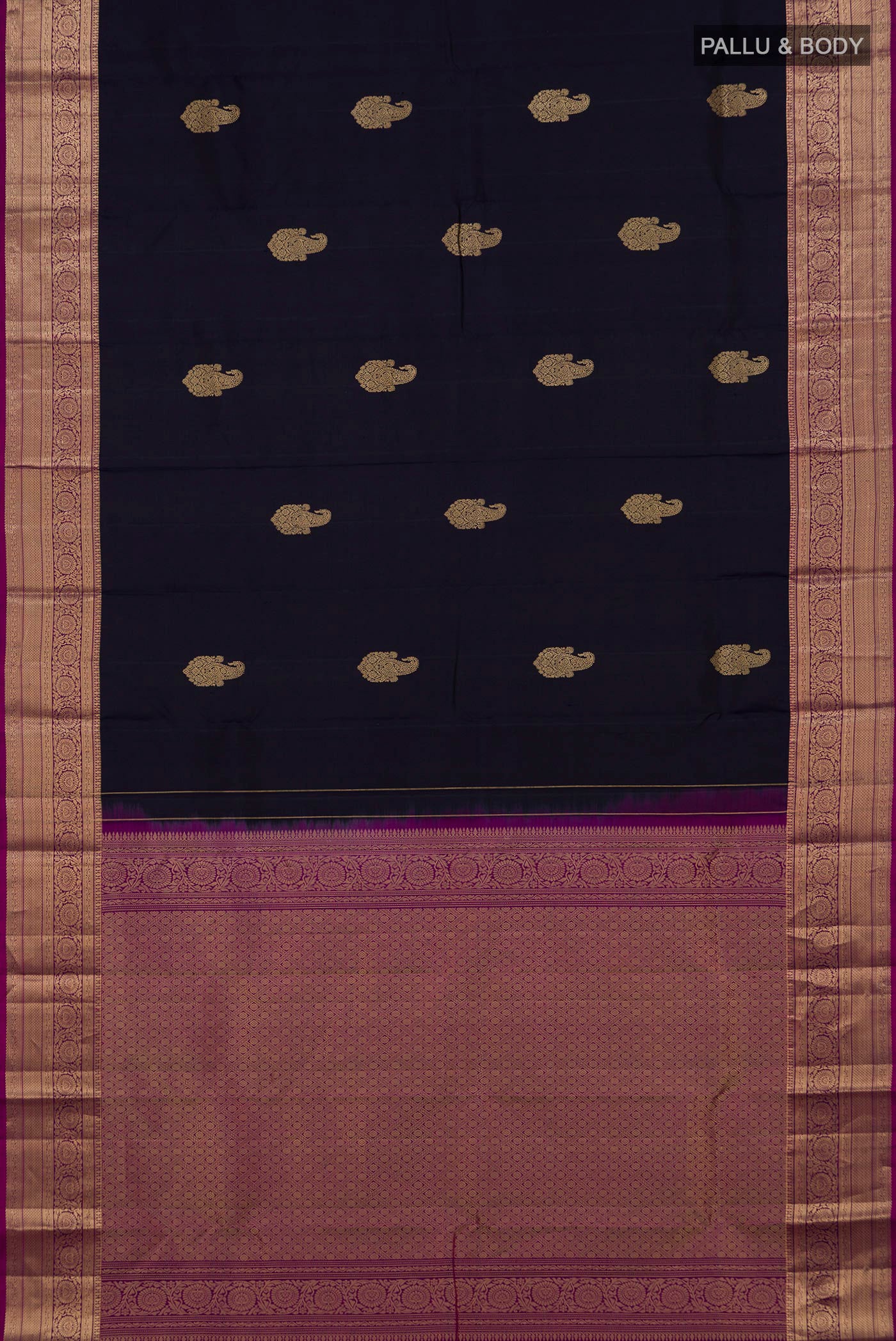 Flat view of Navy Blue Kanchipuram Silk Saree with Zari Butta on the body and Zari Border. 