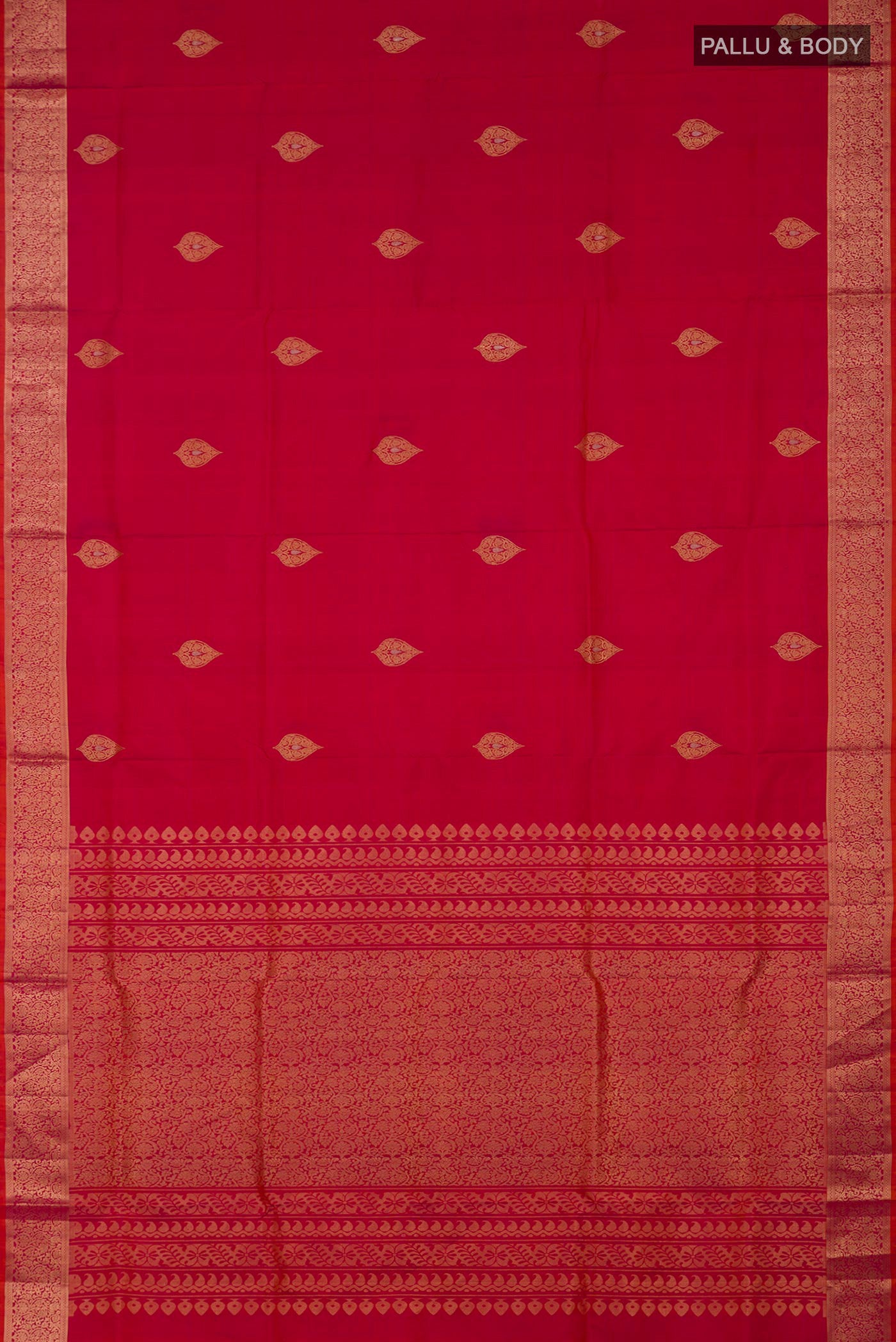 Flat view of Pink Soft Silk Saree with Zari Butta on the body and Zari Border. 
