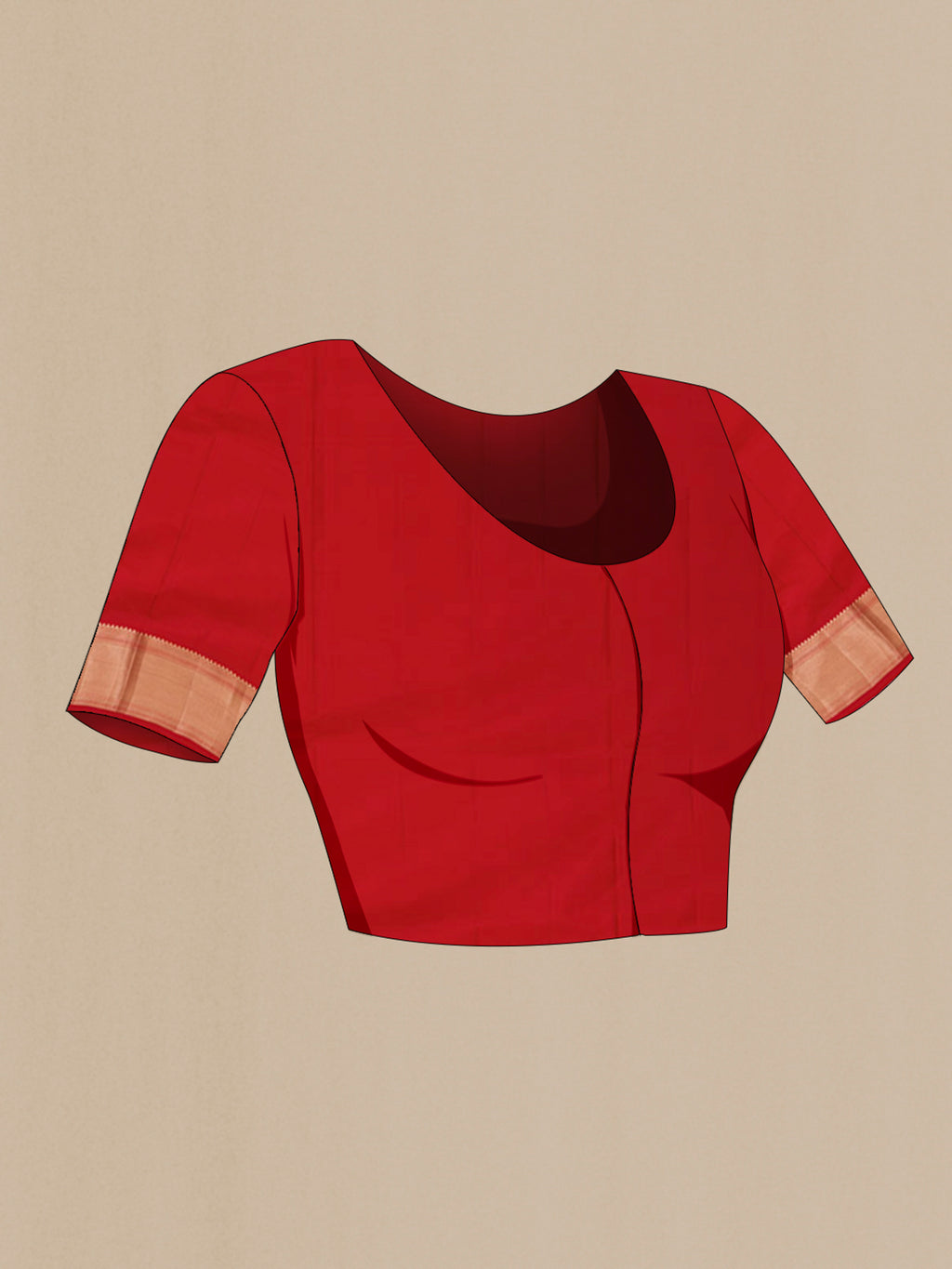 Close up image of the blouse of Red Soft Silk Saree with Zari Brocade on the body and Zari Border. 
