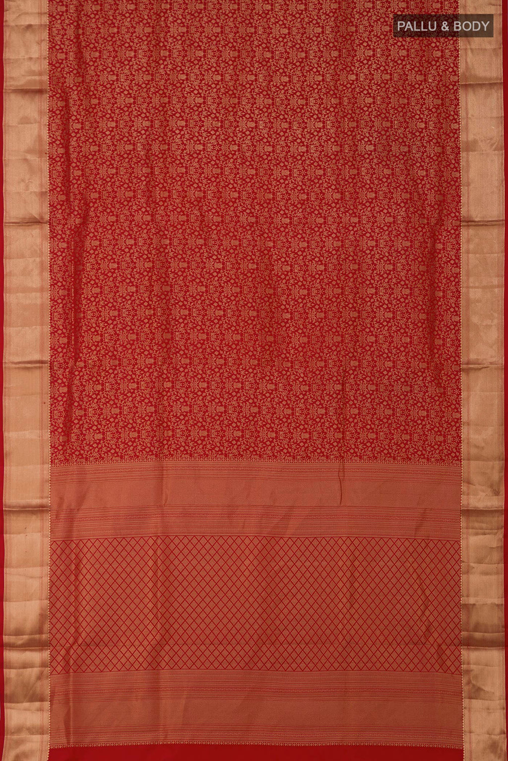 Flat view of Red Soft Silk Saree with Zari Brocade on the body and Zari Border. 