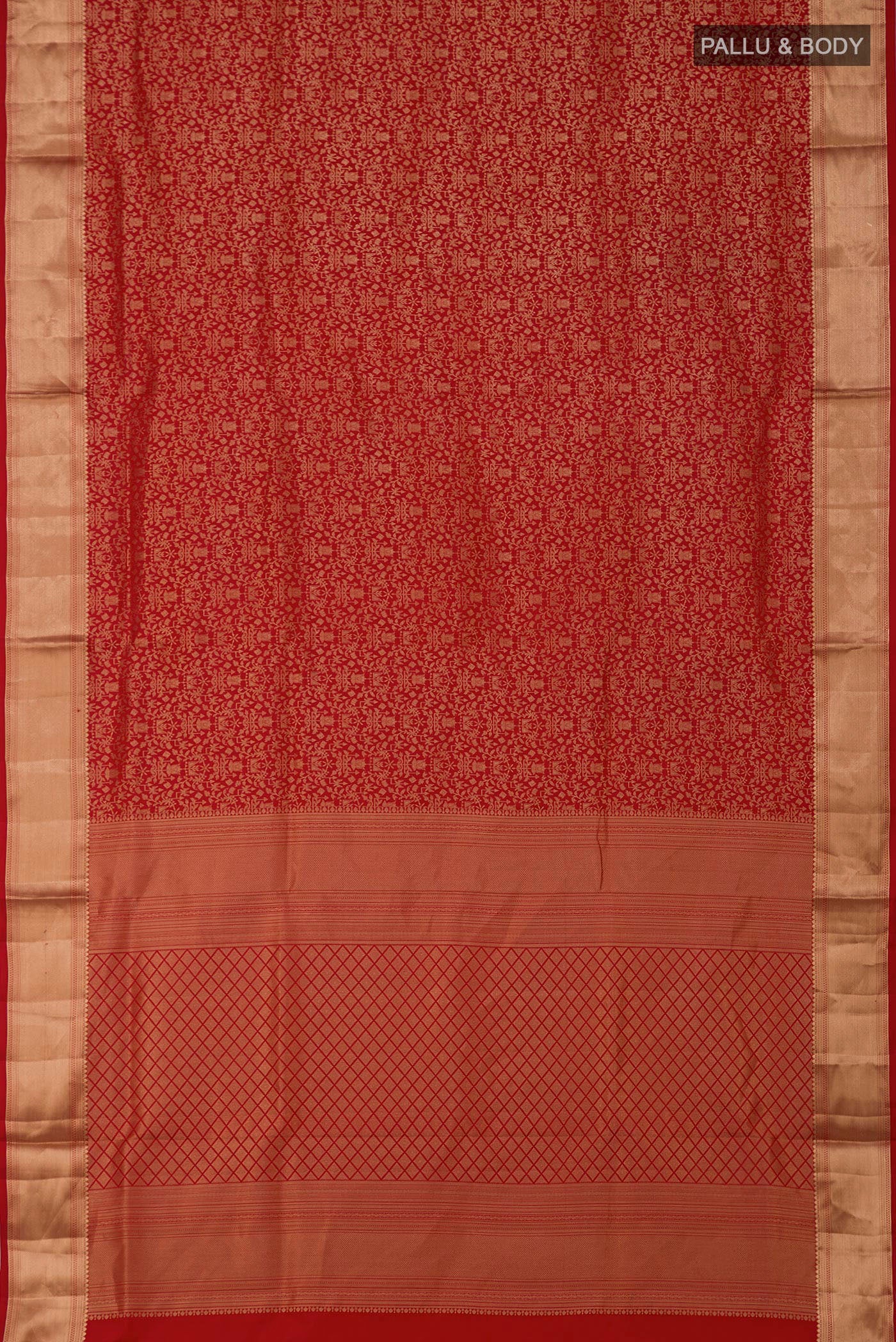 Flat view of Red Soft Silk Saree with Zari Brocade on the body and Zari Border. 