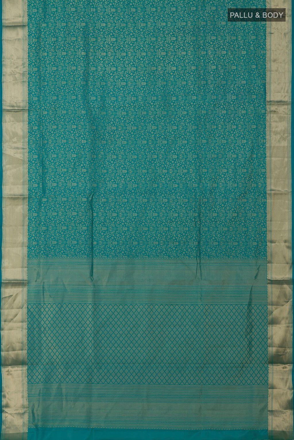 Flat view of Blue Soft Silk Saree with Zari Brocade on the body and Zari Border. 