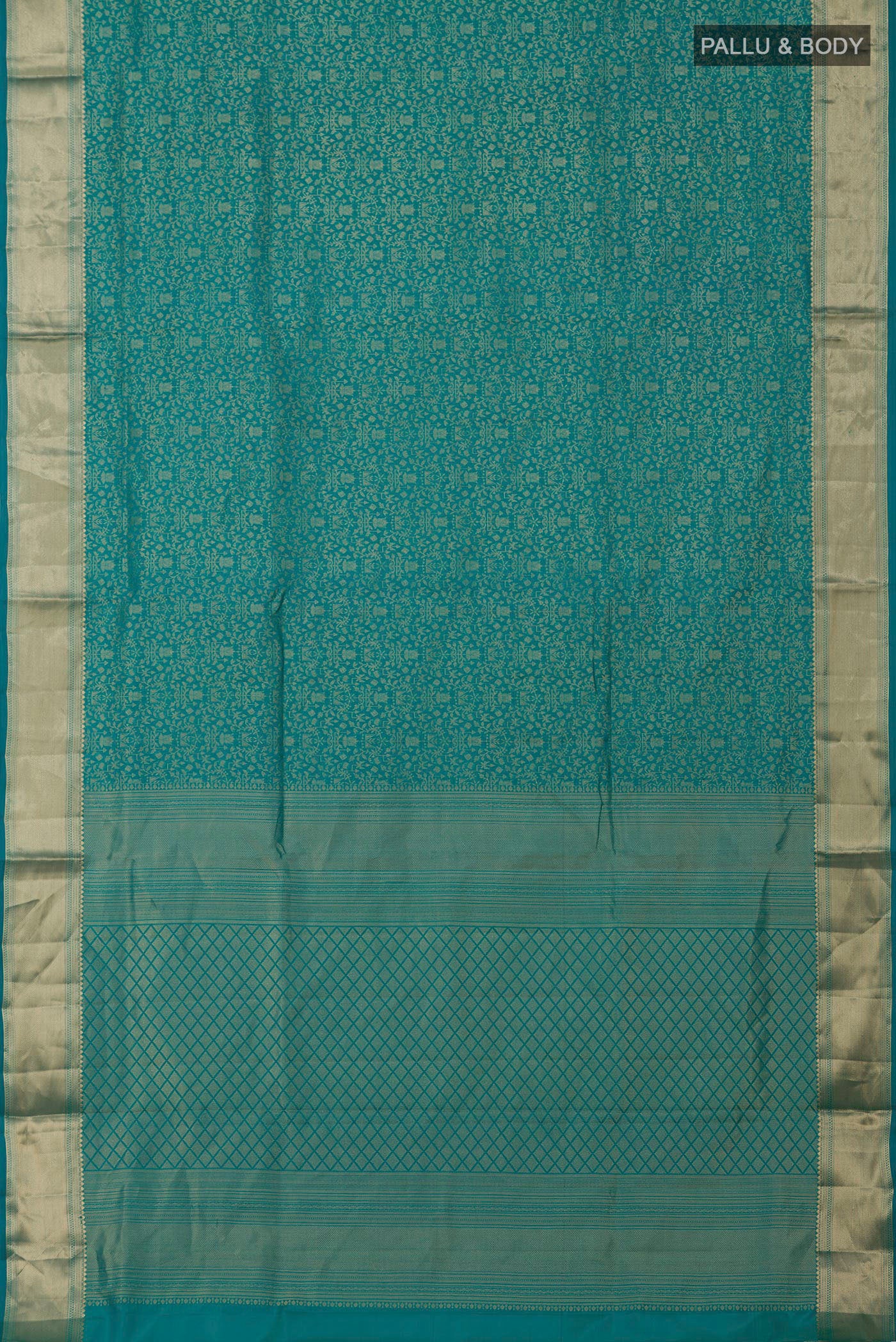 Flat view of Blue Soft Silk Saree with Zari Brocade on the body and Zari Border. 