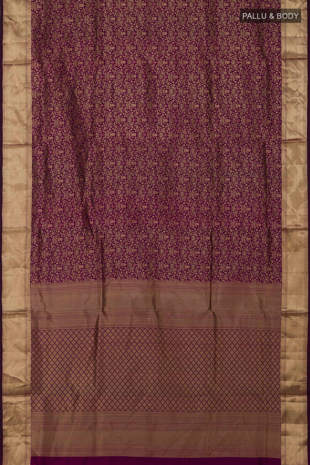 Flat view of Purple Soft Silk Saree with Zari Brocade on the body and Zari Border. 