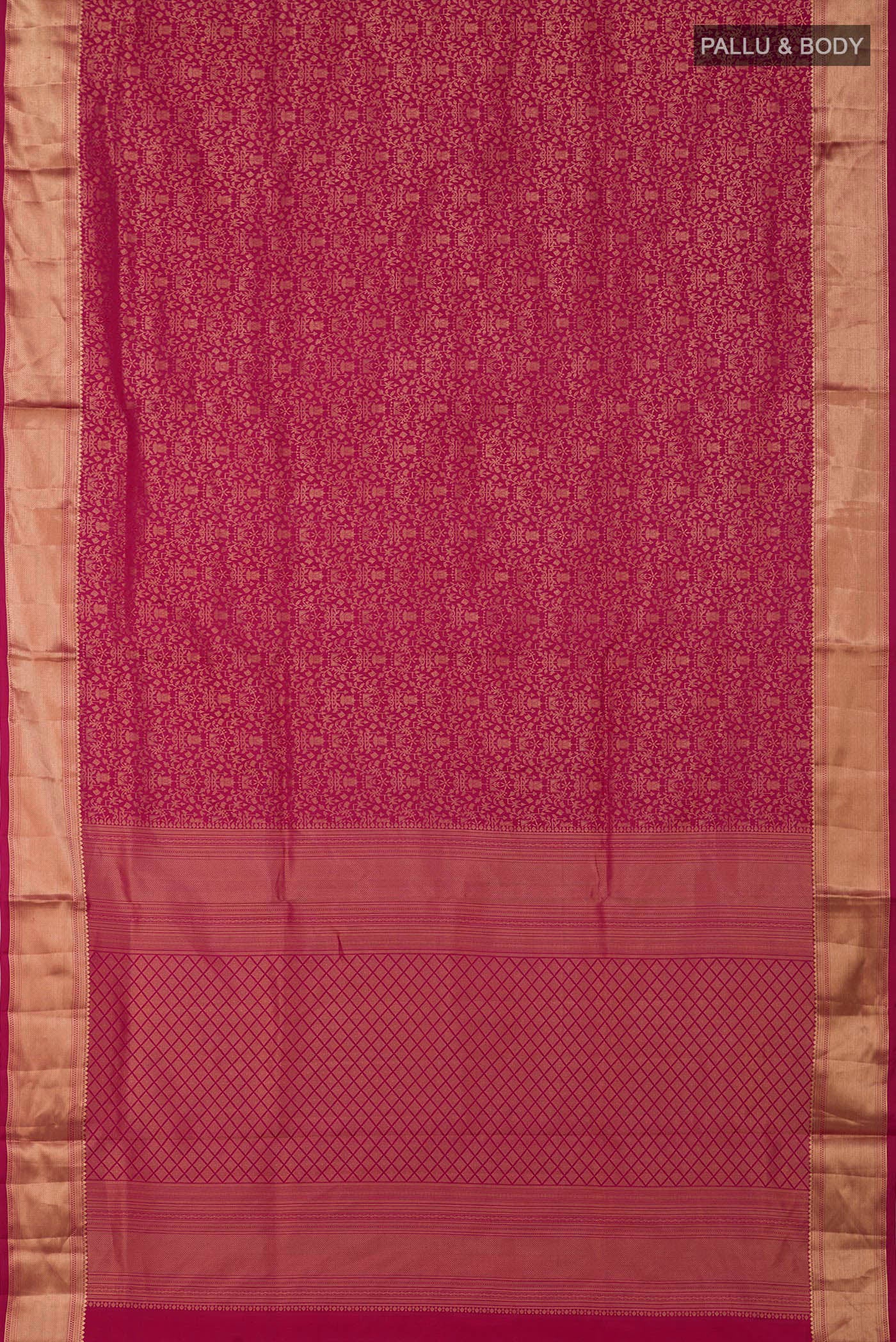 Flat view of Pink Soft Silk Saree with Zari Brocade on the body and Zari Border. 
