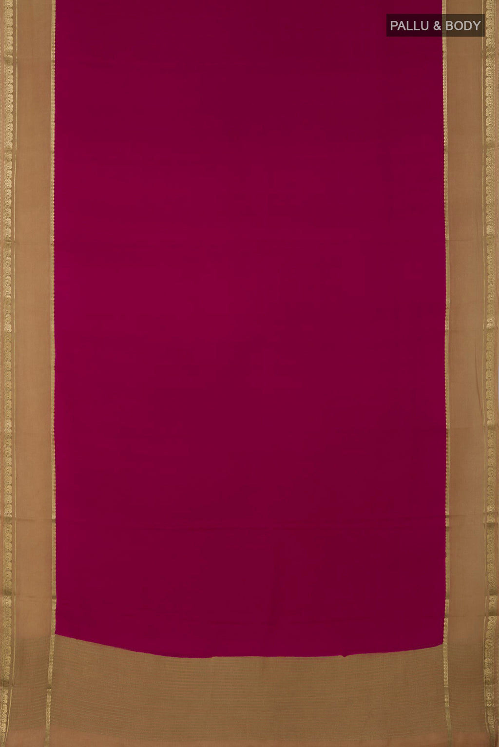 Flat view of Dark Pink Mysore Crepe Saree with Plain Body and Zari Border. 