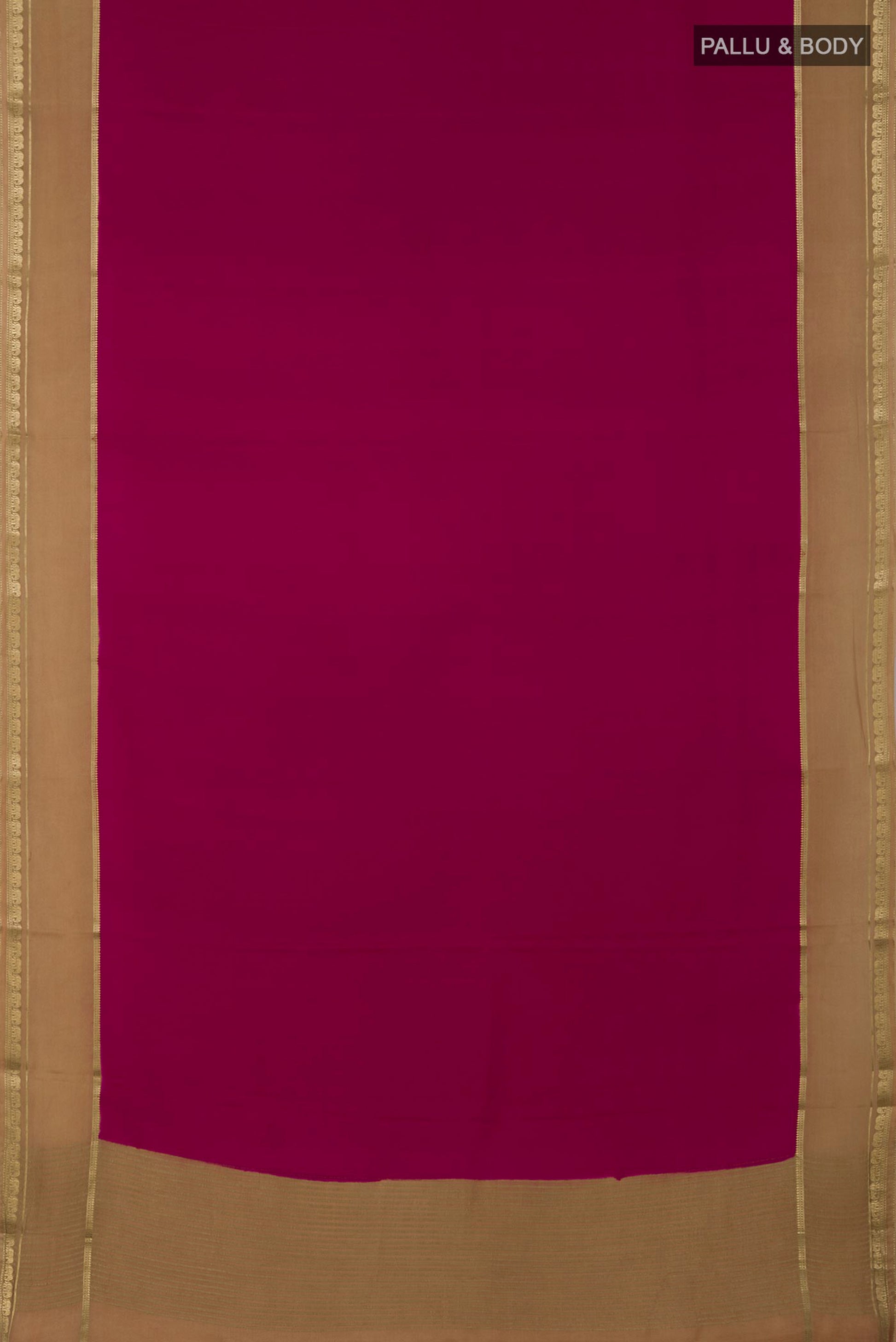 Flat view of Dark Pink Mysore Crepe Saree with Plain Body and Zari Border. 