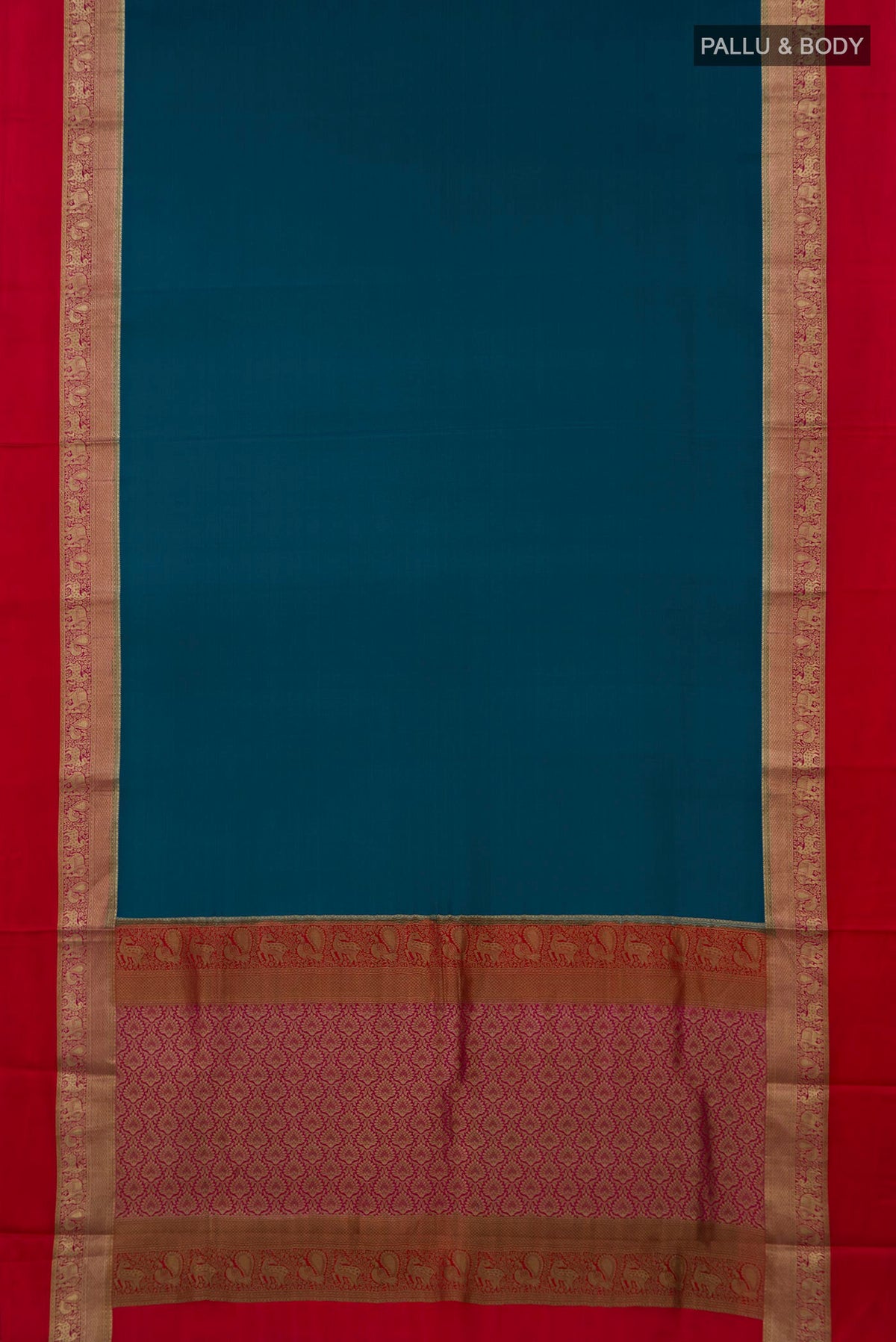 Flat view of Blue Mysore Crepe Saree with Plain Body and Zari Border. 