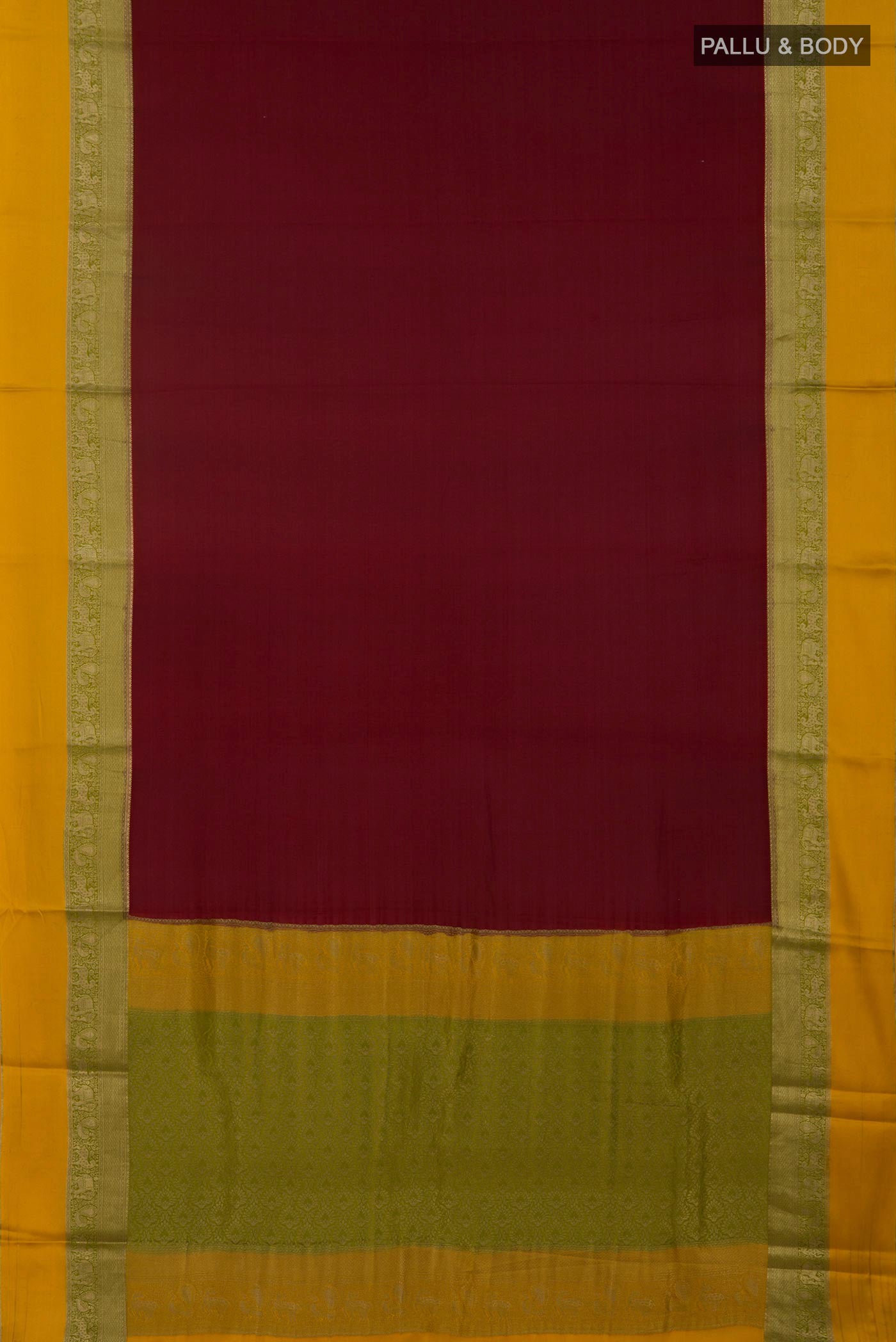 Flat view of Maroon Mysore Crepe Saree with Plain Body and Zari Border. 