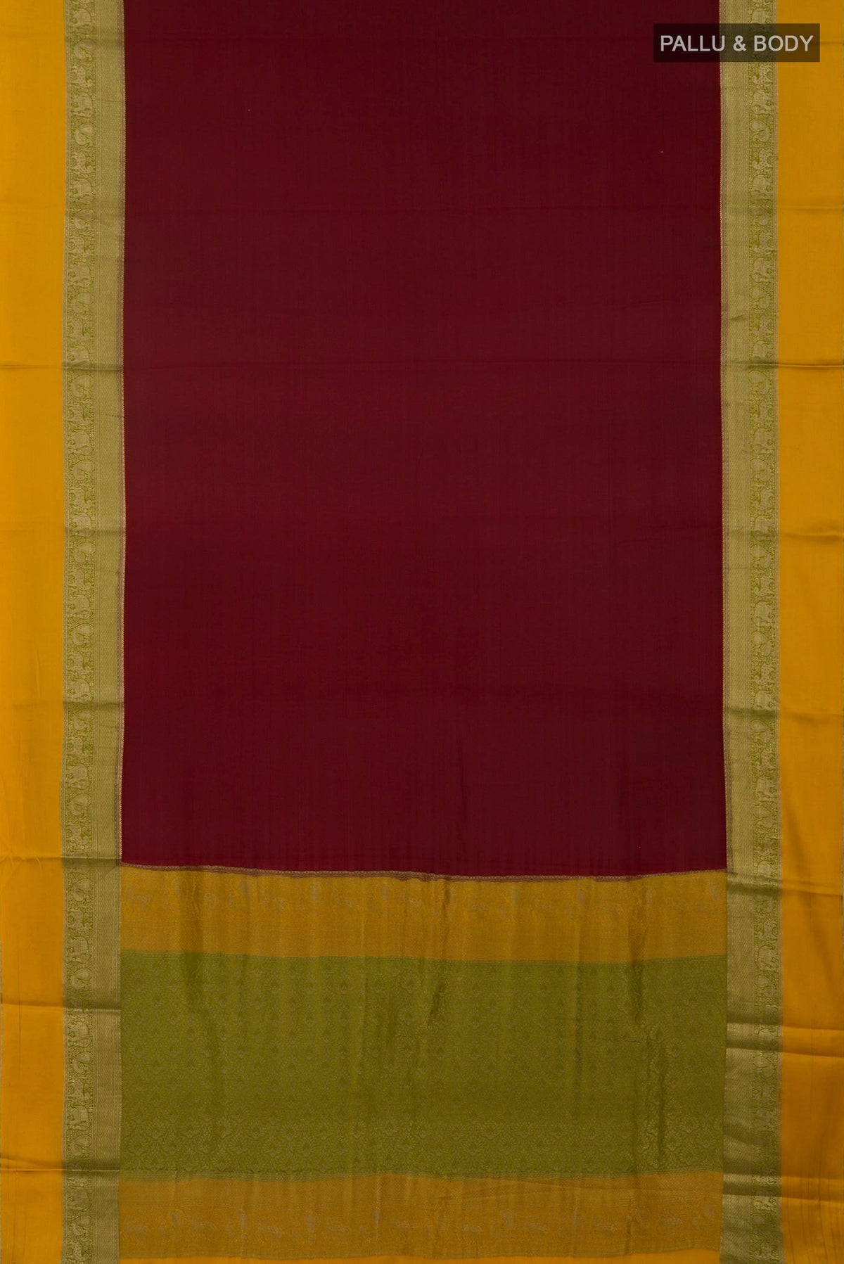 Flat view of Maroon Mysore Crepe Saree with Plain Body and Zari Border. 