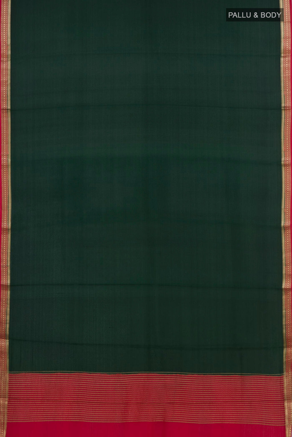 Flat view of Bottle Green Mysore Crepe Saree with Plain Body and Zari Border. 