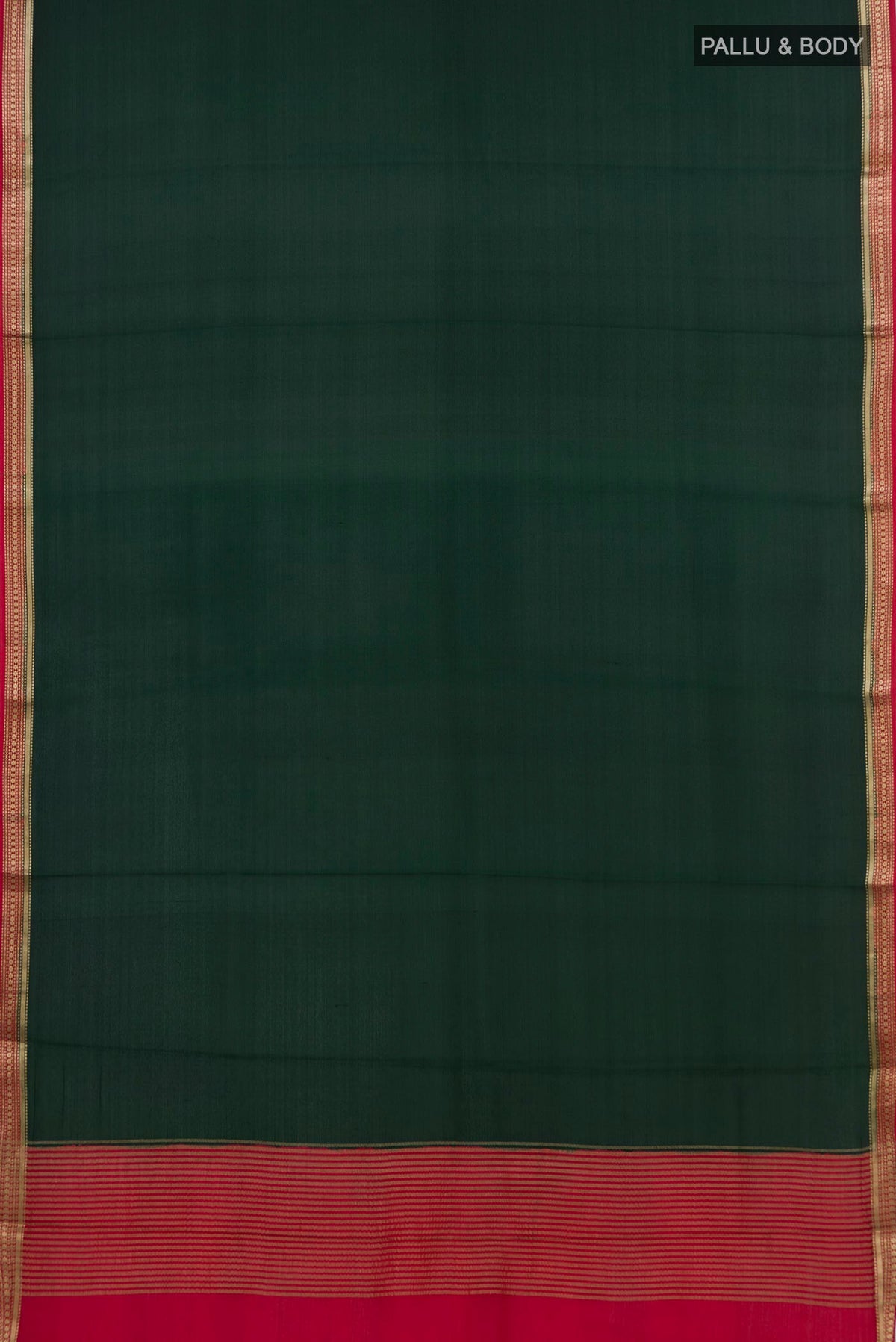 Flat view of Bottle Green Mysore Crepe Saree with Plain Body and Zari Border. 