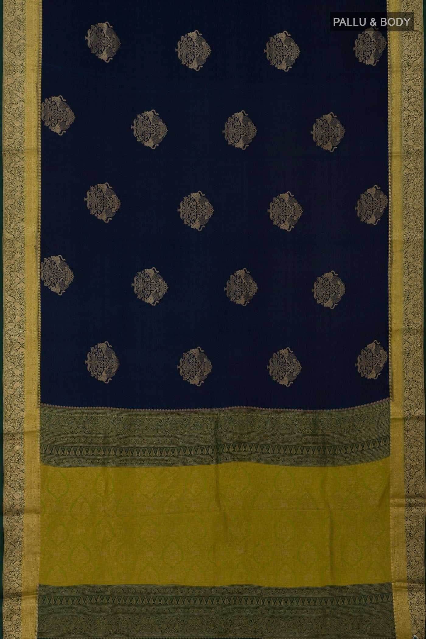 Flat view of Blue Crepe Saree with Zari Butta on the body and Fancy Border. 