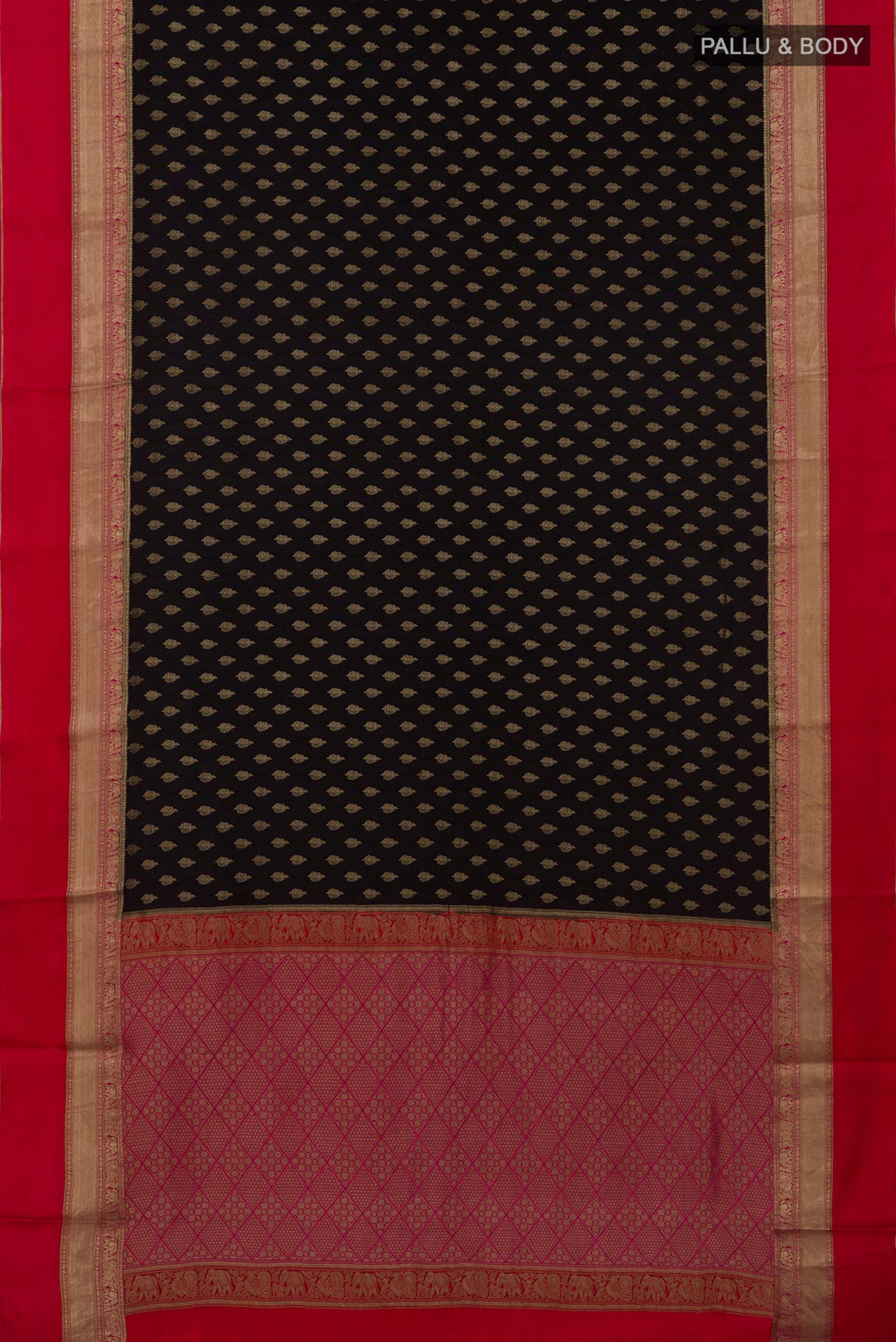 Flat view of Black Crepe Saree with Zari Butta on the body and Zari Border. 