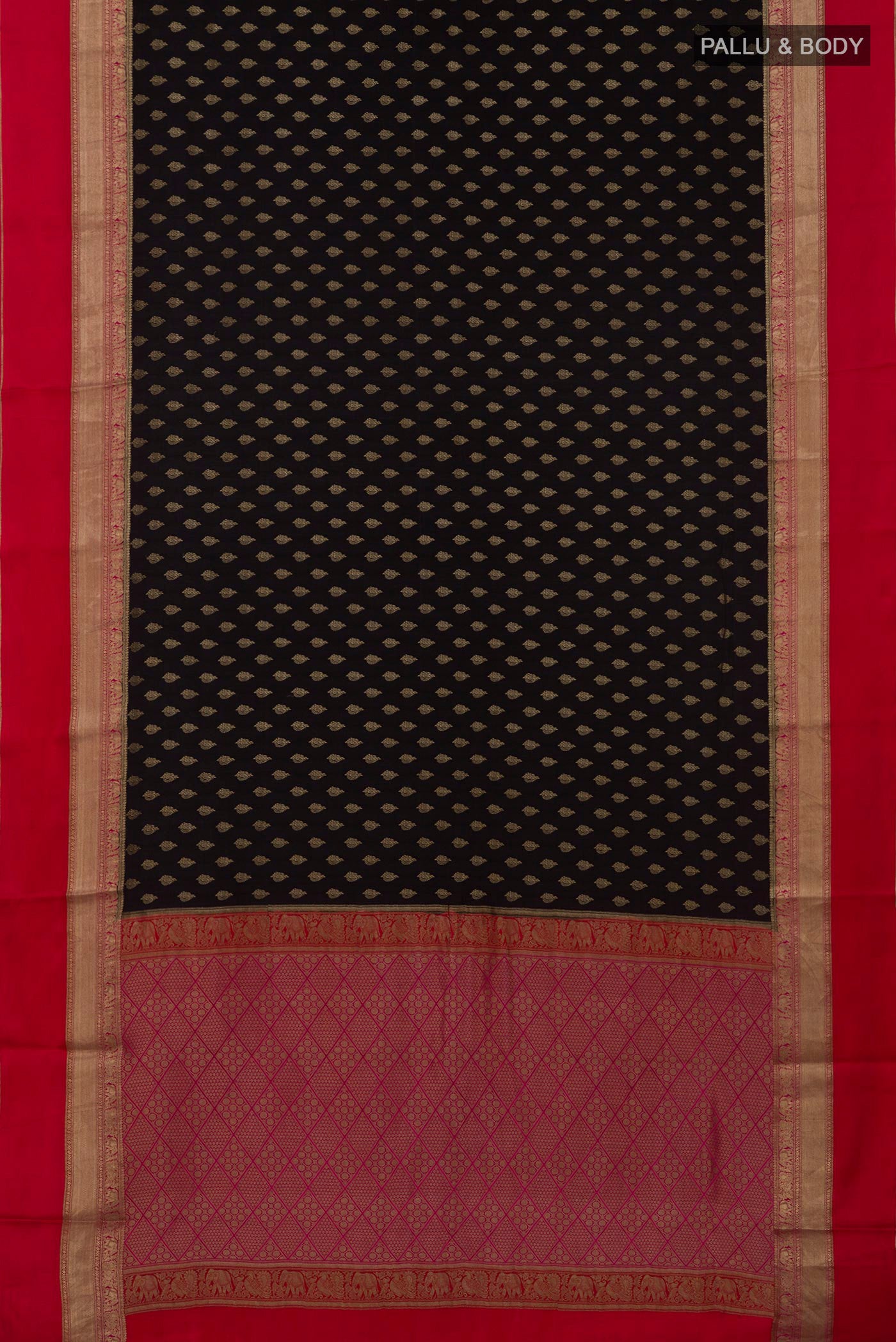 Flat view of Black Crepe Saree with Zari Butta on the body and Zari Border. 