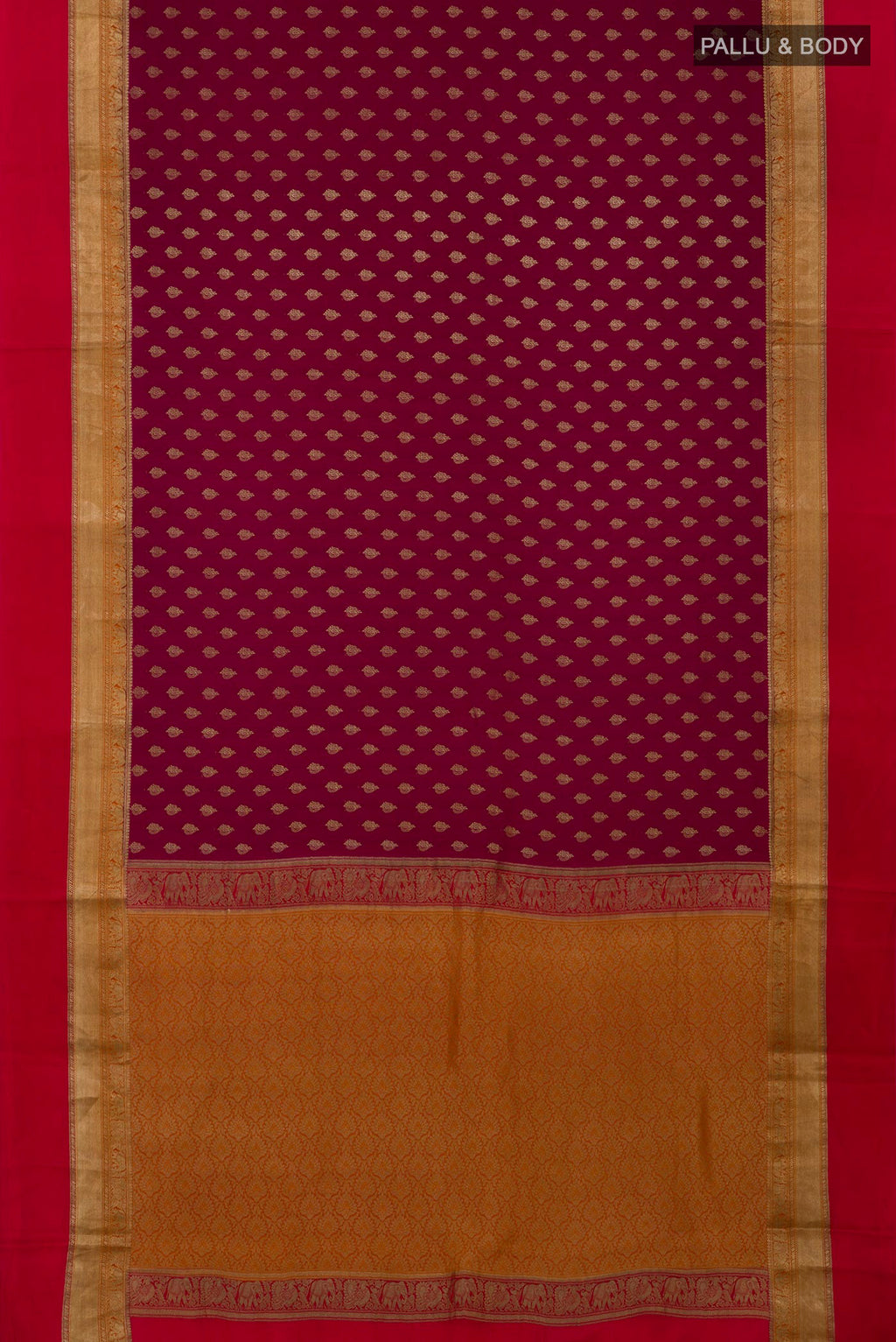 Flat view of Purple Crepe Saree with Zari Butta on the body and Zari Border. 