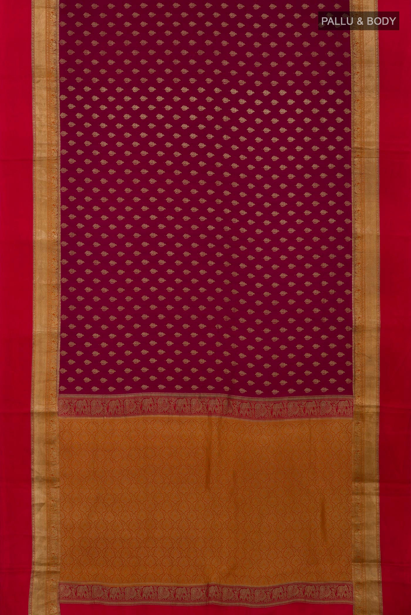 Flat view of Purple Crepe Saree with Zari Butta on the body and Zari Border. 