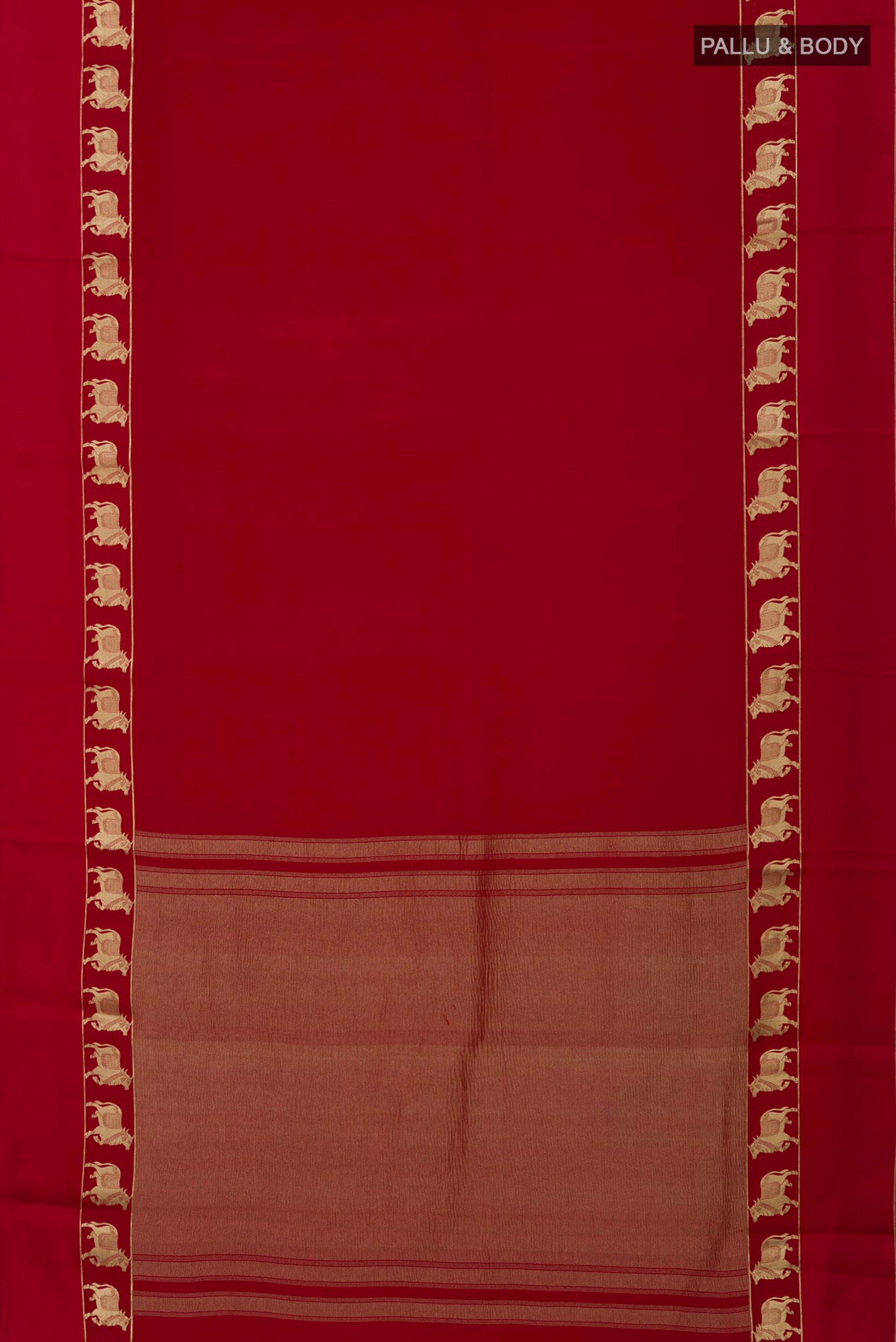 Flat view of Red Mysore Crepe Saree with Plain Body and Zari Border. 