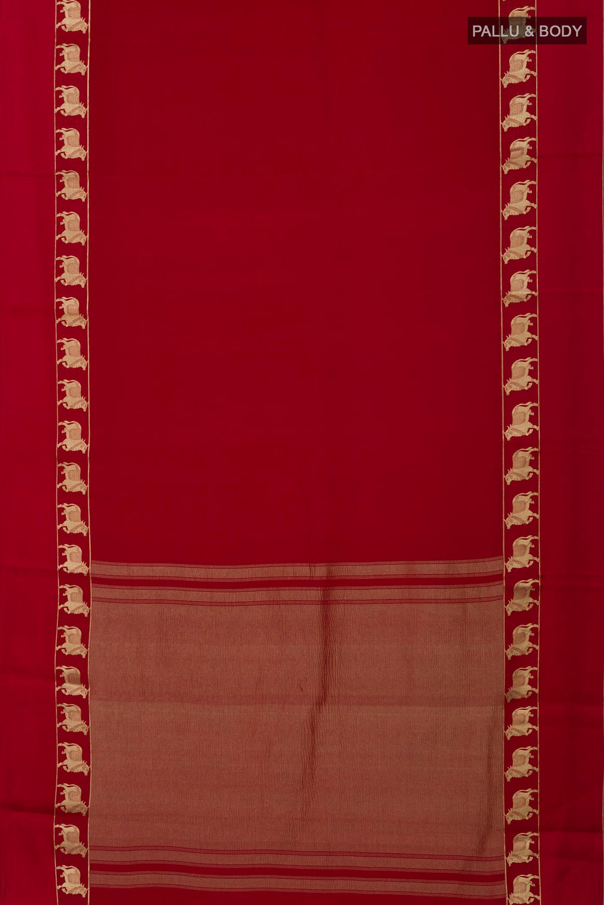 Flat view of Red Mysore Crepe Saree with Plain Body and Zari Border. 