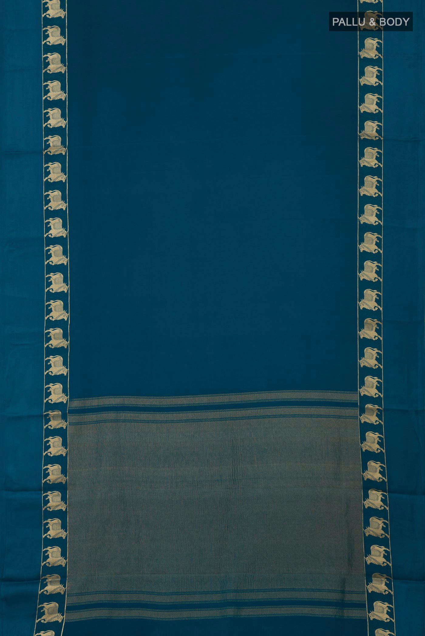 Flat view of Blue Crepe Saree with Plain Body and Zari Border. 