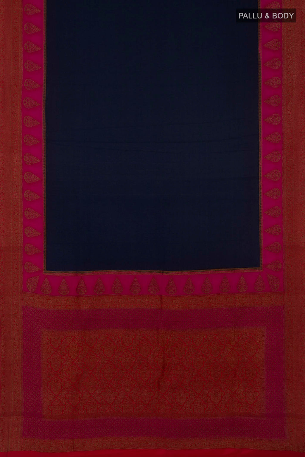 Flat view of Blue Crepe Saree with Plain Body and Fancy Border. 