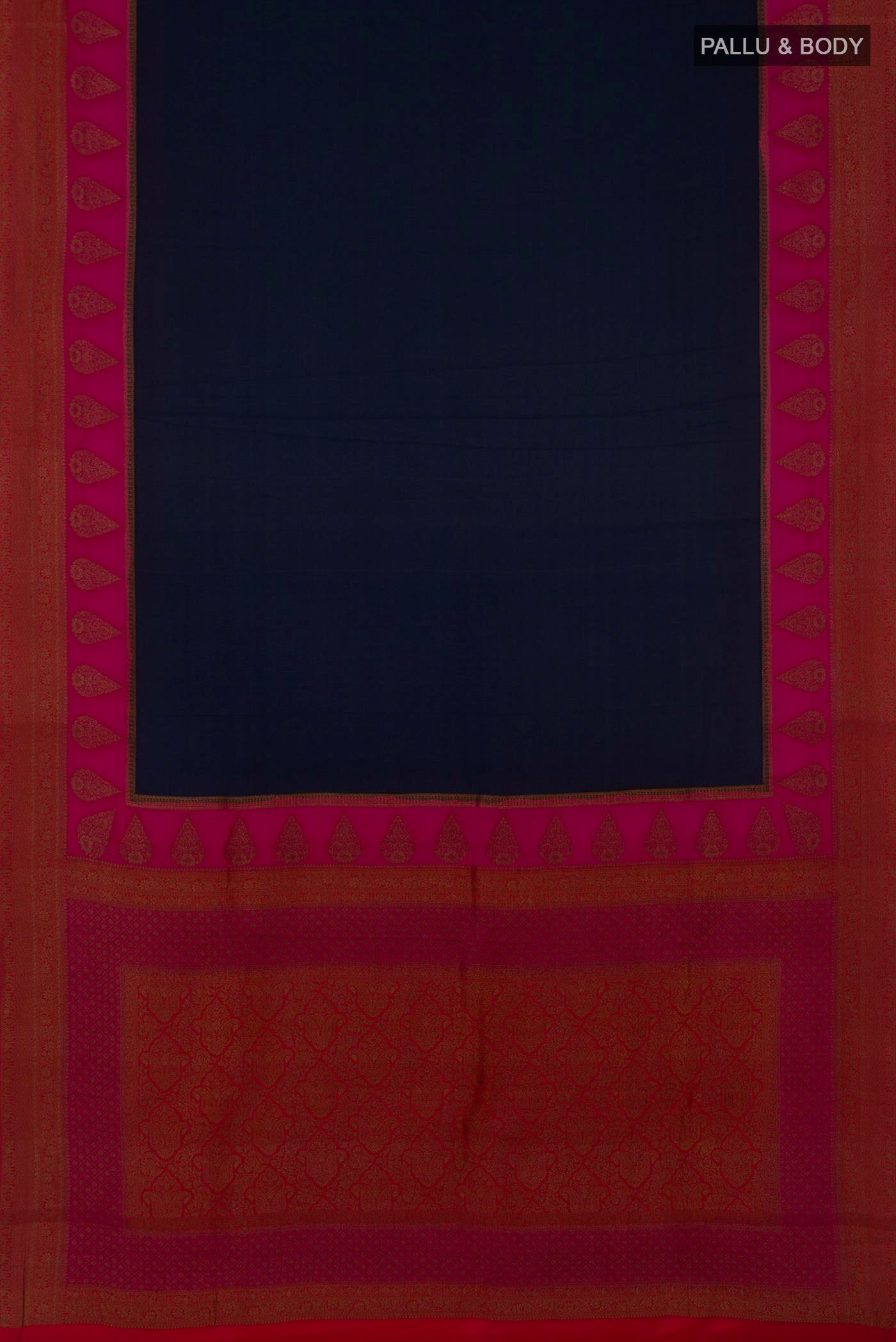 Flat view of Blue Crepe Saree with Plain Body and Fancy Border. 