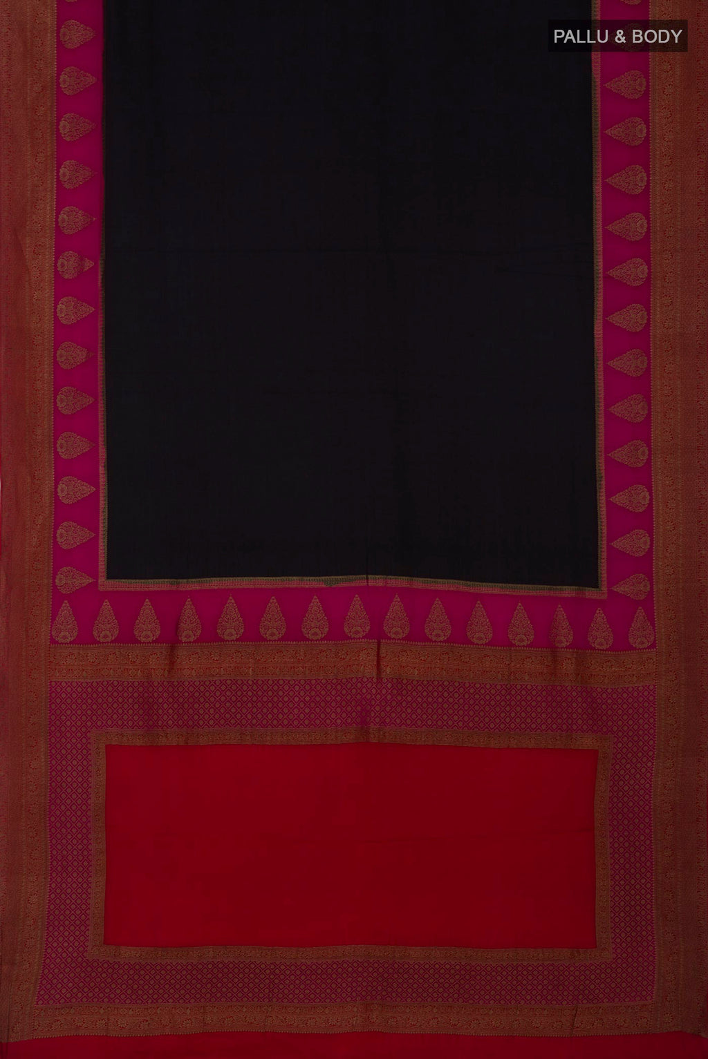 Flat view of Black Crepe Saree with Plain Body and Zari Border. 