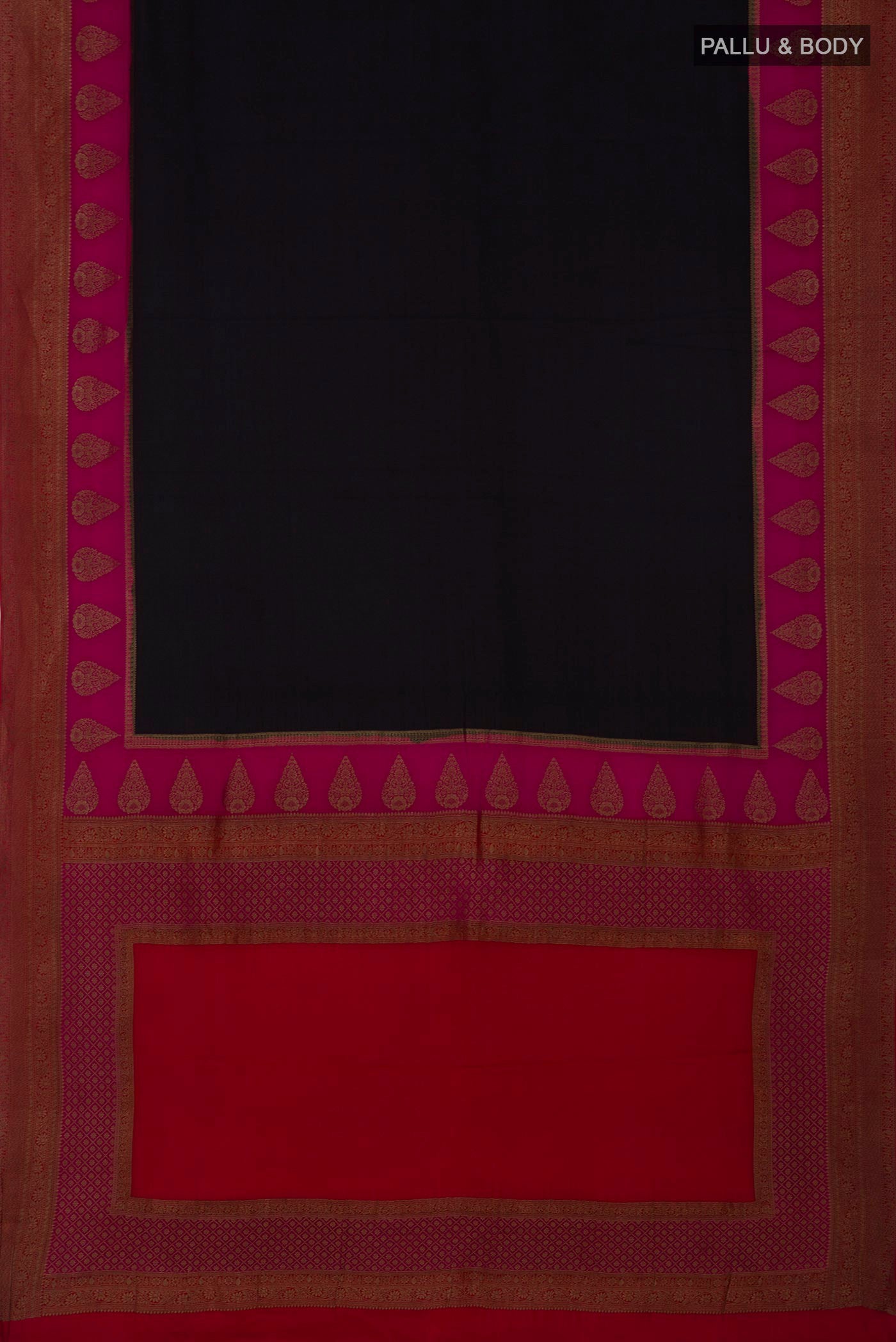 Flat view of Black Crepe Saree with Plain Body and Zari Border. 