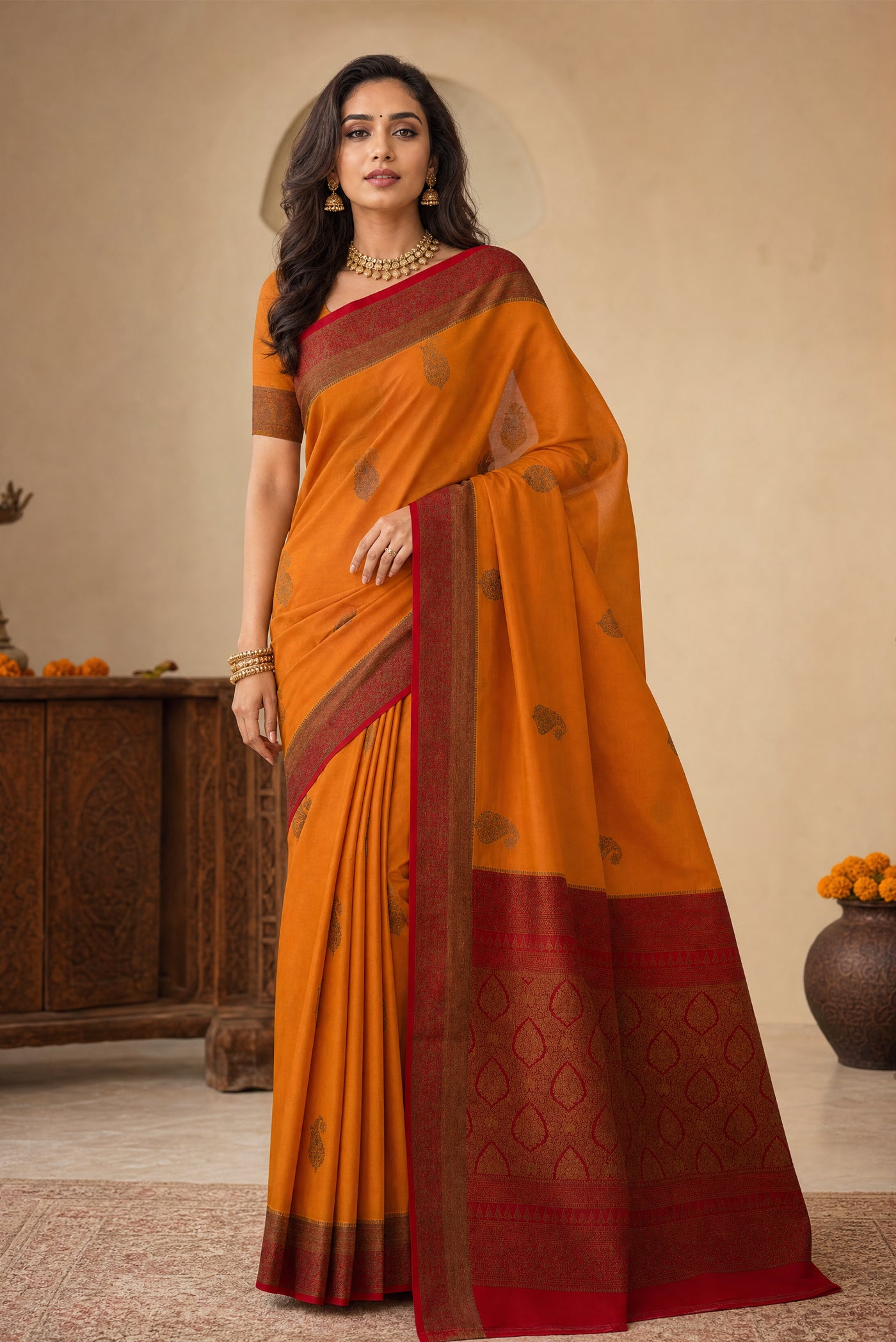 Model wearing a Mustard Mysore Crepe Saree with Zari Butta on the body and Zari Border.