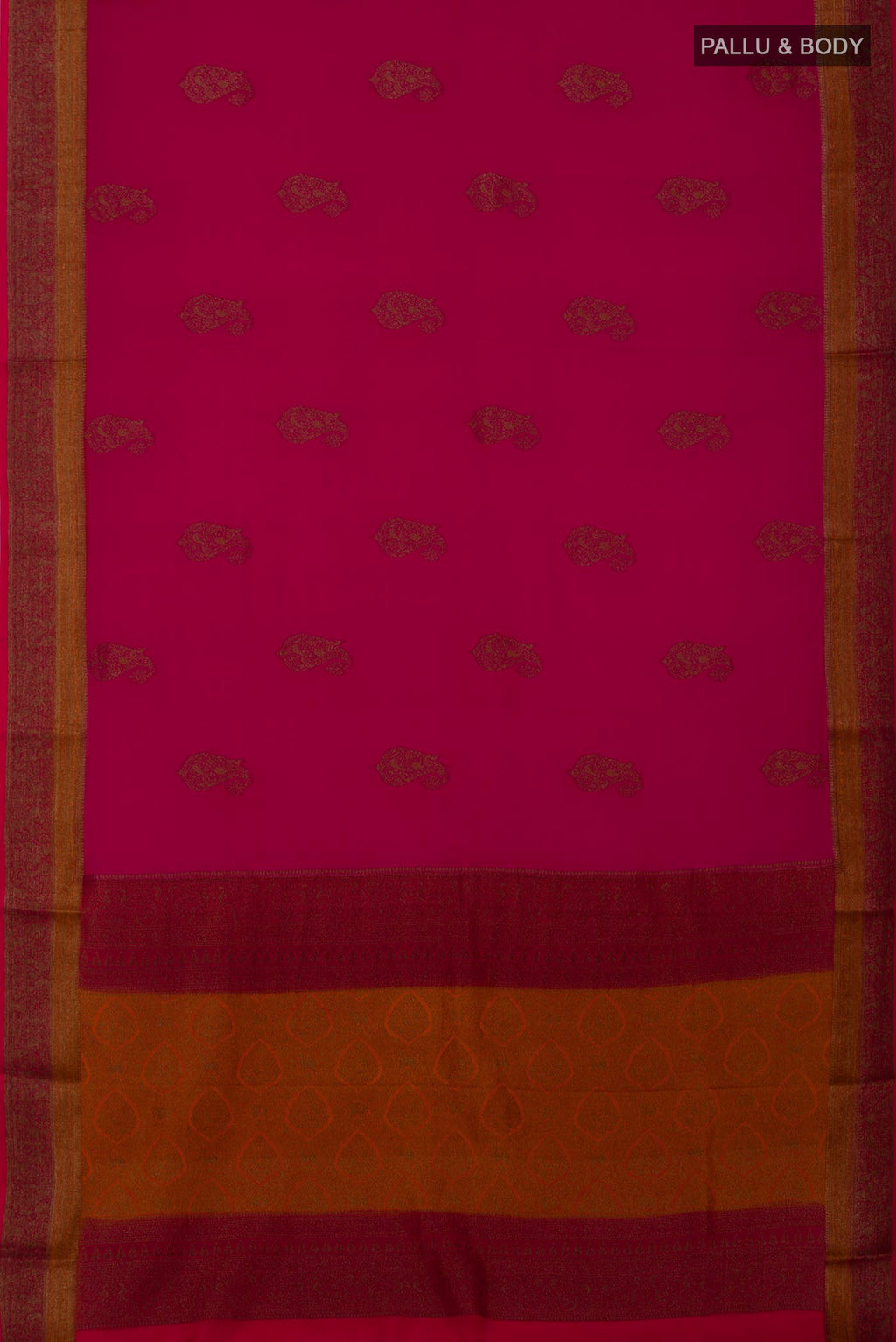 Flat view of Pink Crepe Saree with Zari Butta on the body and Fancy Border. 