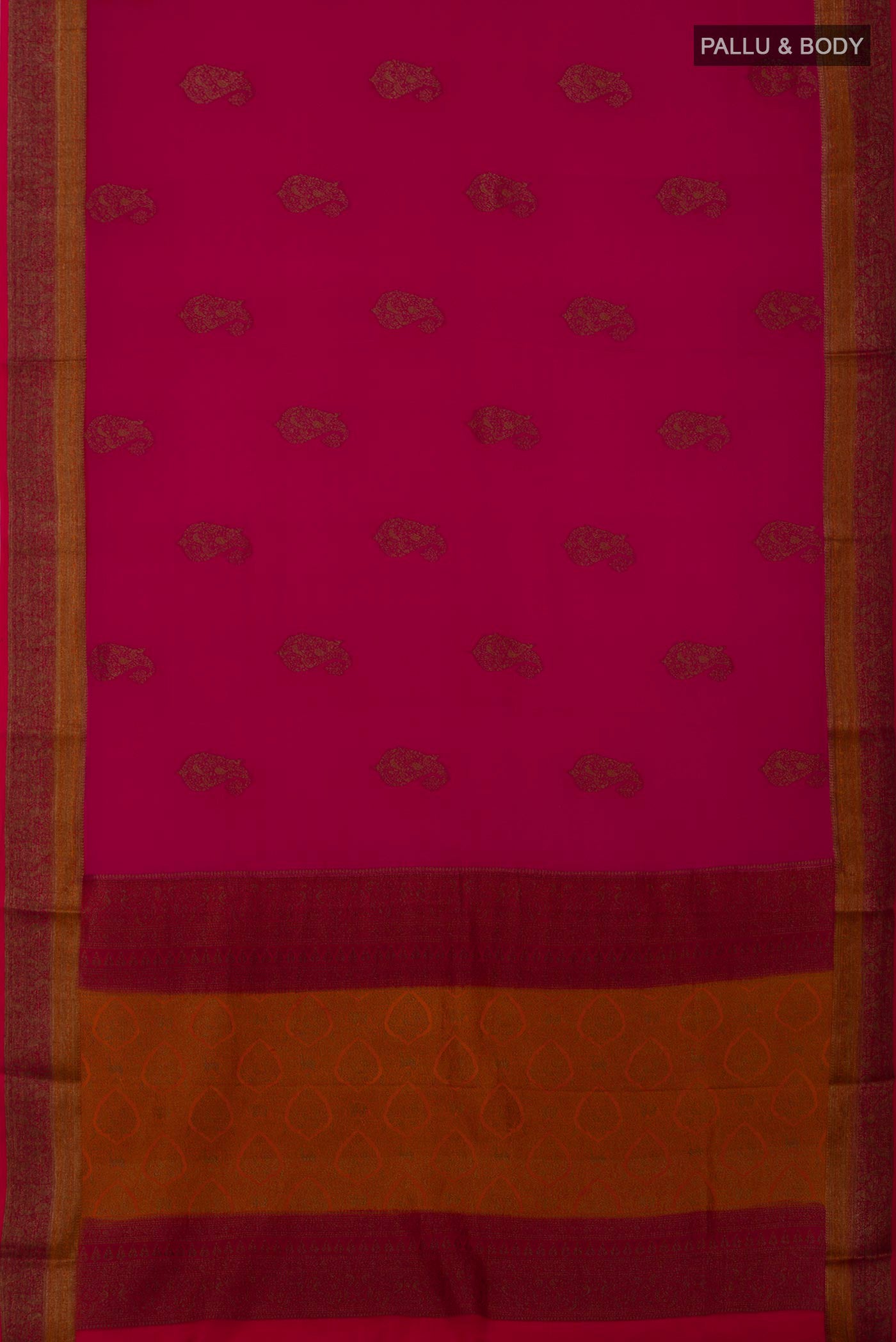 Flat view of Pink Crepe Saree with Zari Butta on the body and Fancy Border. 
