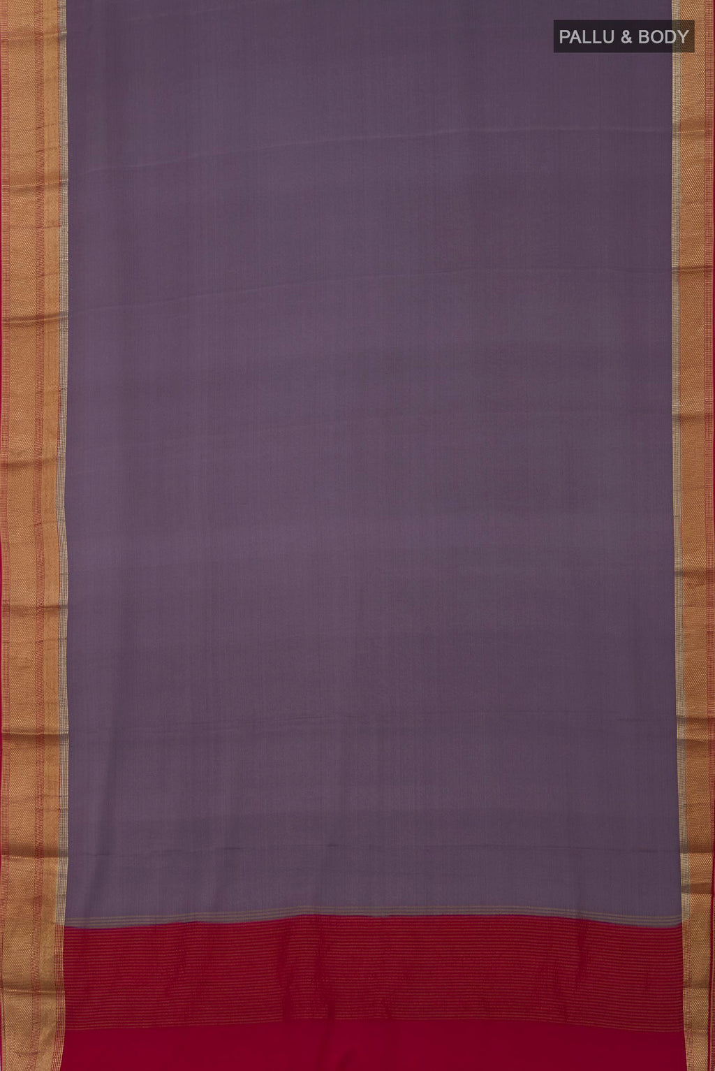 Flat view of Lavender Crepe Saree with Plain Body and Zari Border. 