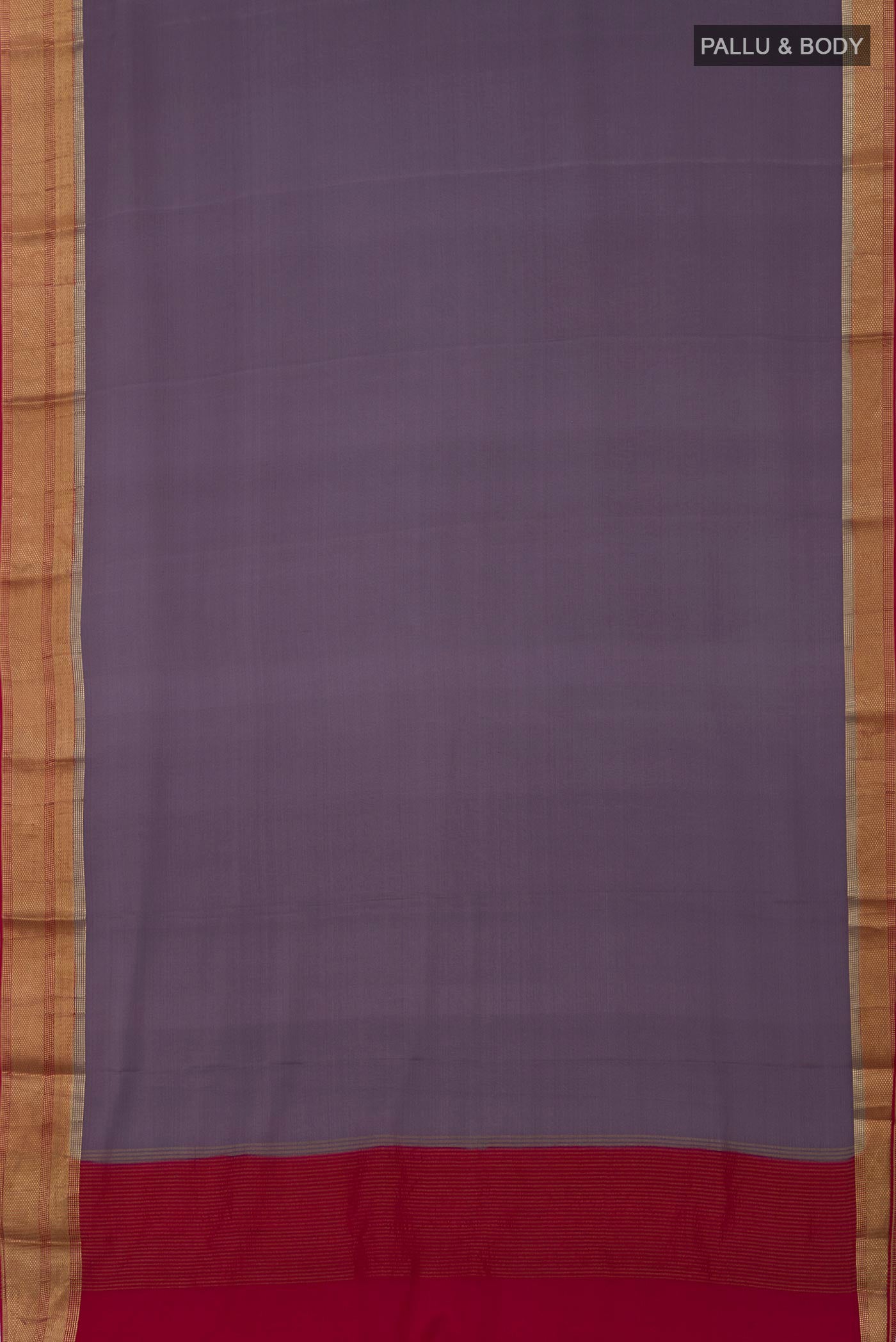 Flat view of Lavender Crepe Saree with Plain Body and Zari Border. 