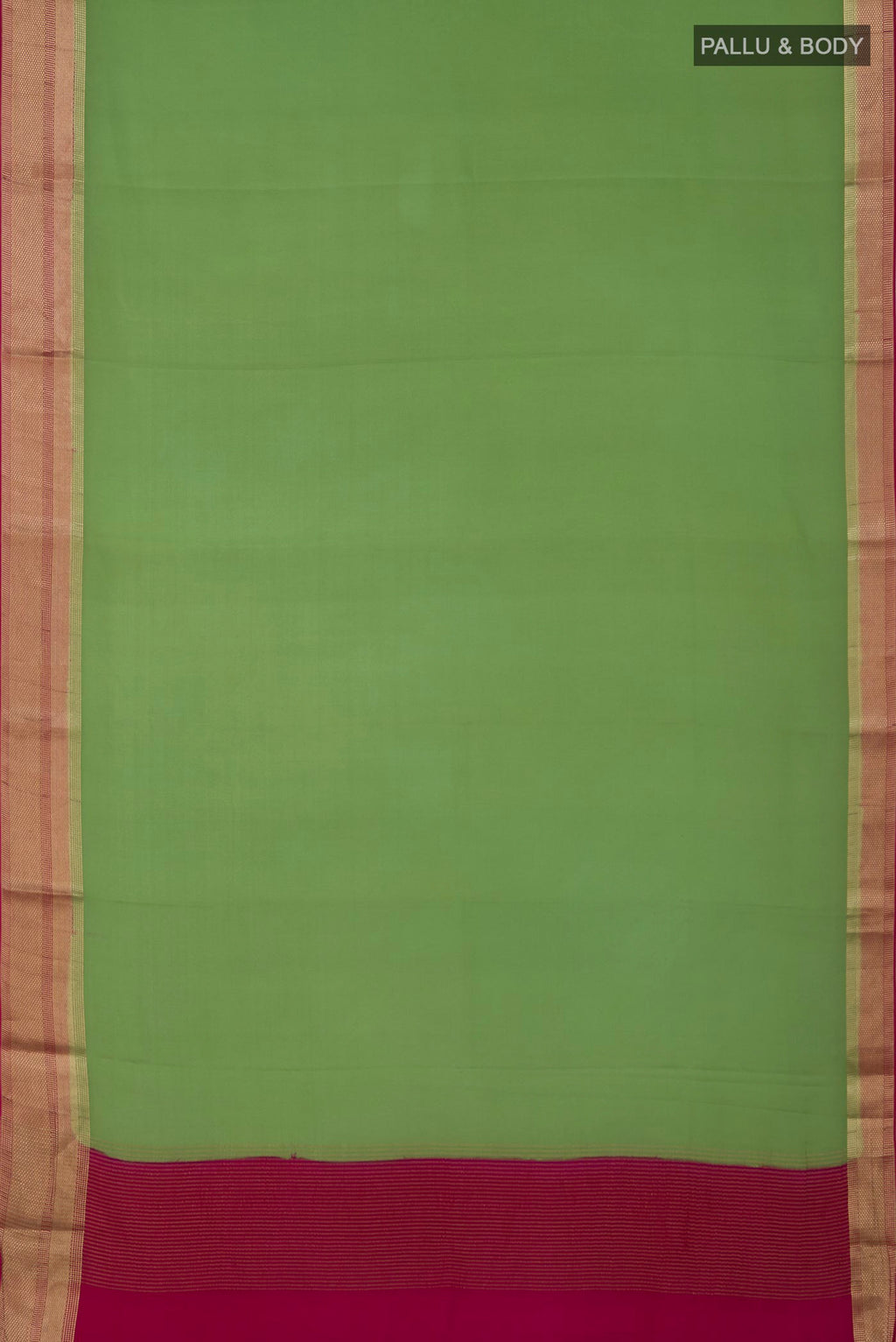 Flat view of Parrot Green Mysore Crepe Saree with Plain Body and Zari Border. 