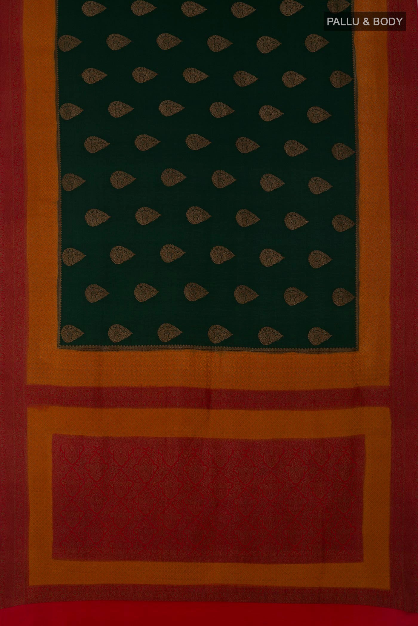 Flat view of Green Crepe Saree with Zari Butta on the body and Zari Border. 