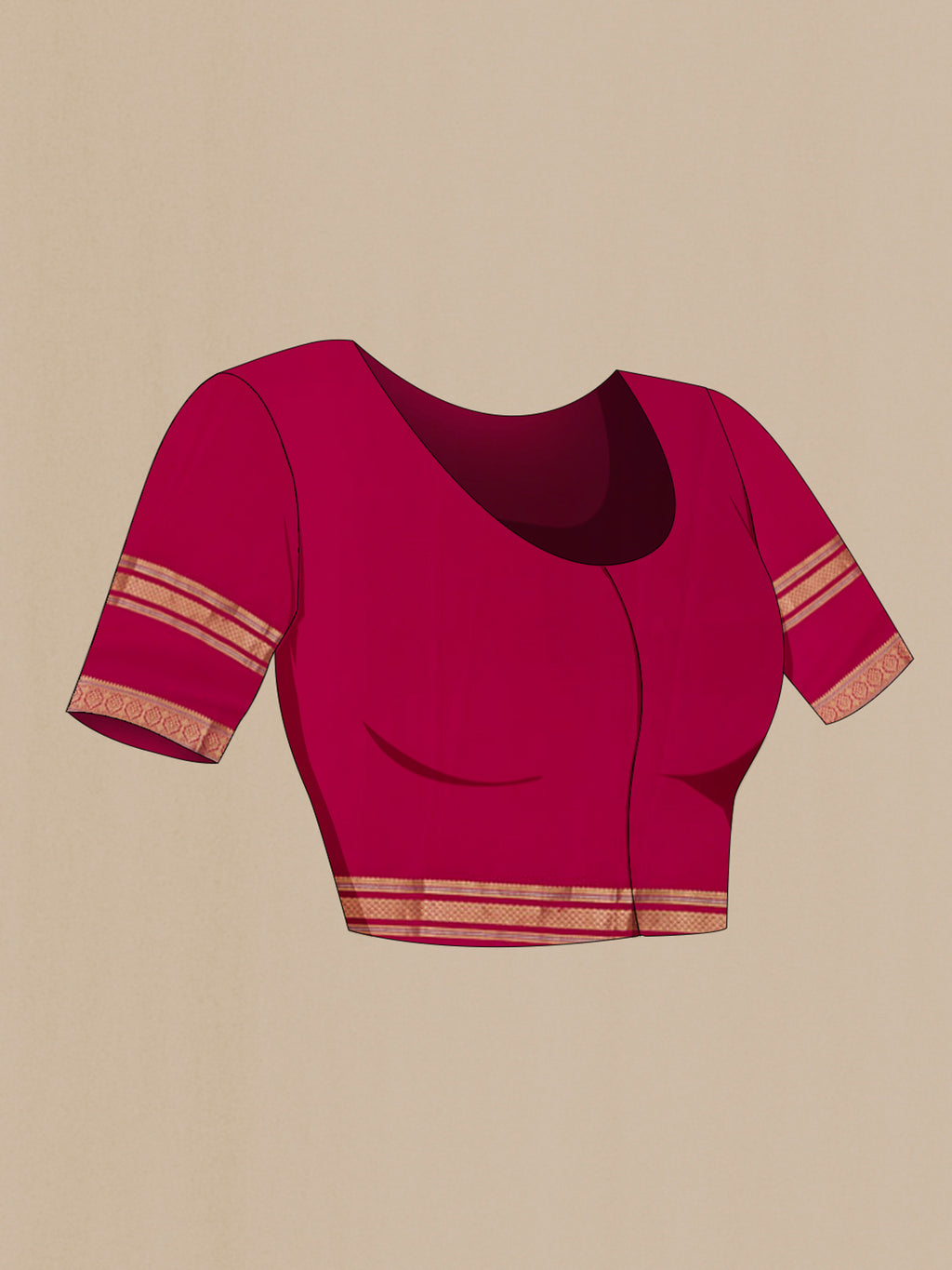 Close up image of the blouse of Pink Crepe Saree with Plain Body and Zari Border. 