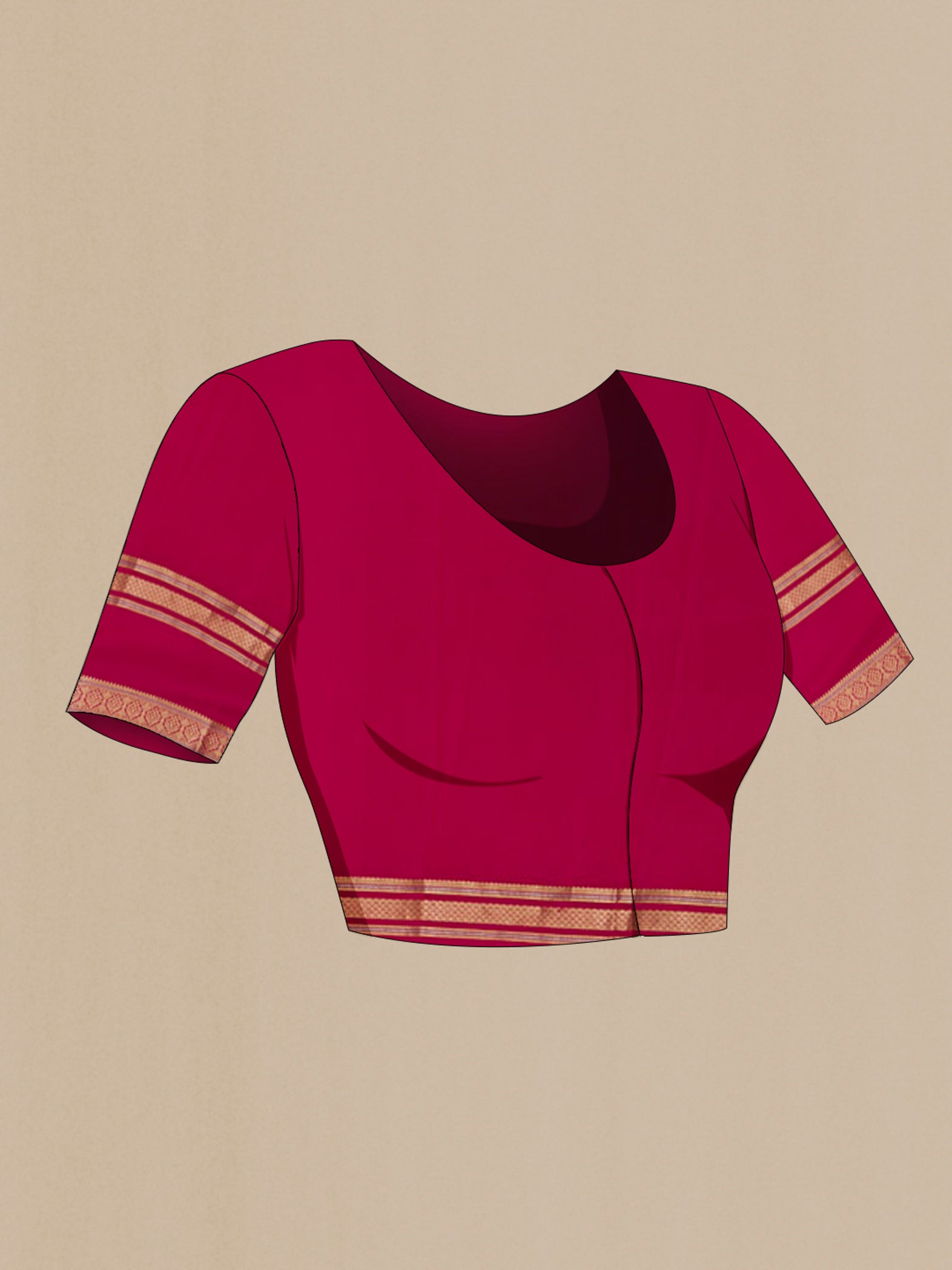Close up image of the blouse of Pink Crepe Saree with Plain Body and Zari Border. 